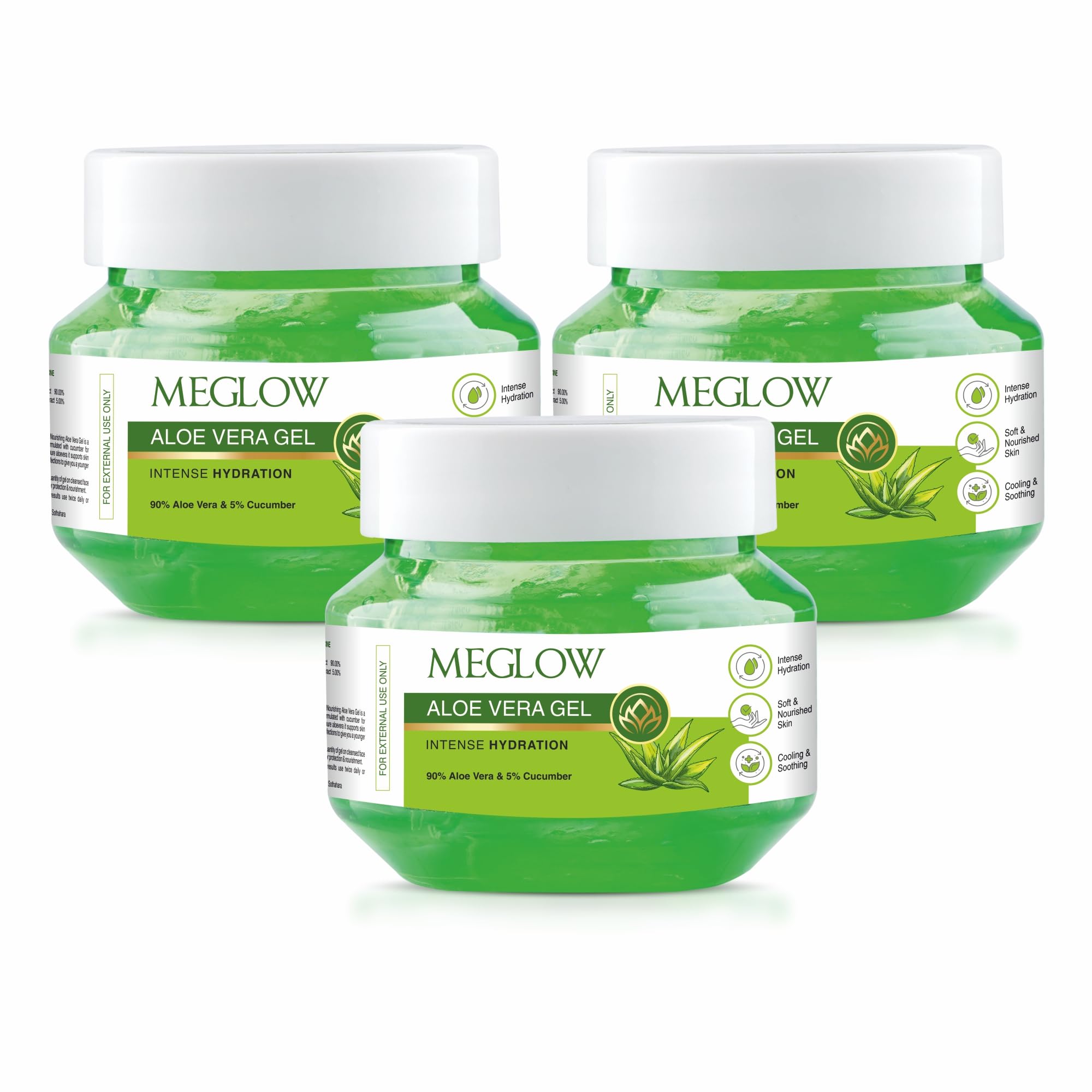 Meglow Aloe Vera Gel 300g (3 x 100g) Combo Pack with Cucumber Extract - Hydrating Moisturizer for Dry Skin, Hair & Face | Nourishes & Revitalizes for Healthy Skin | Perfect for Sunburn Relief, After-Sun Care & Daily Hydration