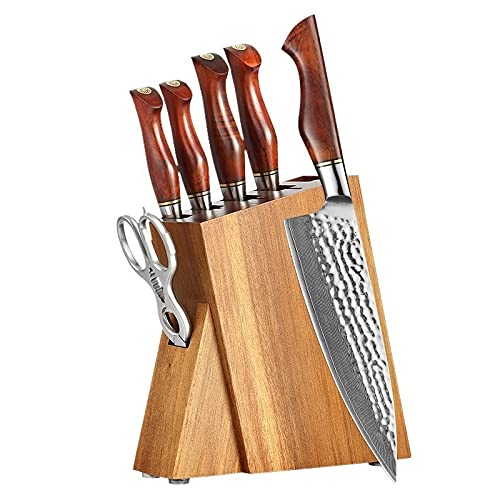 Premium 73-Layer Damascus Steel Kitchen Knife Set - Chef, Santoku, Utility, Paring & Bread Knives with Wooden Holder - Professional Cutlery for Cooking, Slicing & Food Prep - Ideal for Home Chefs & Culinary Enthusiasts
