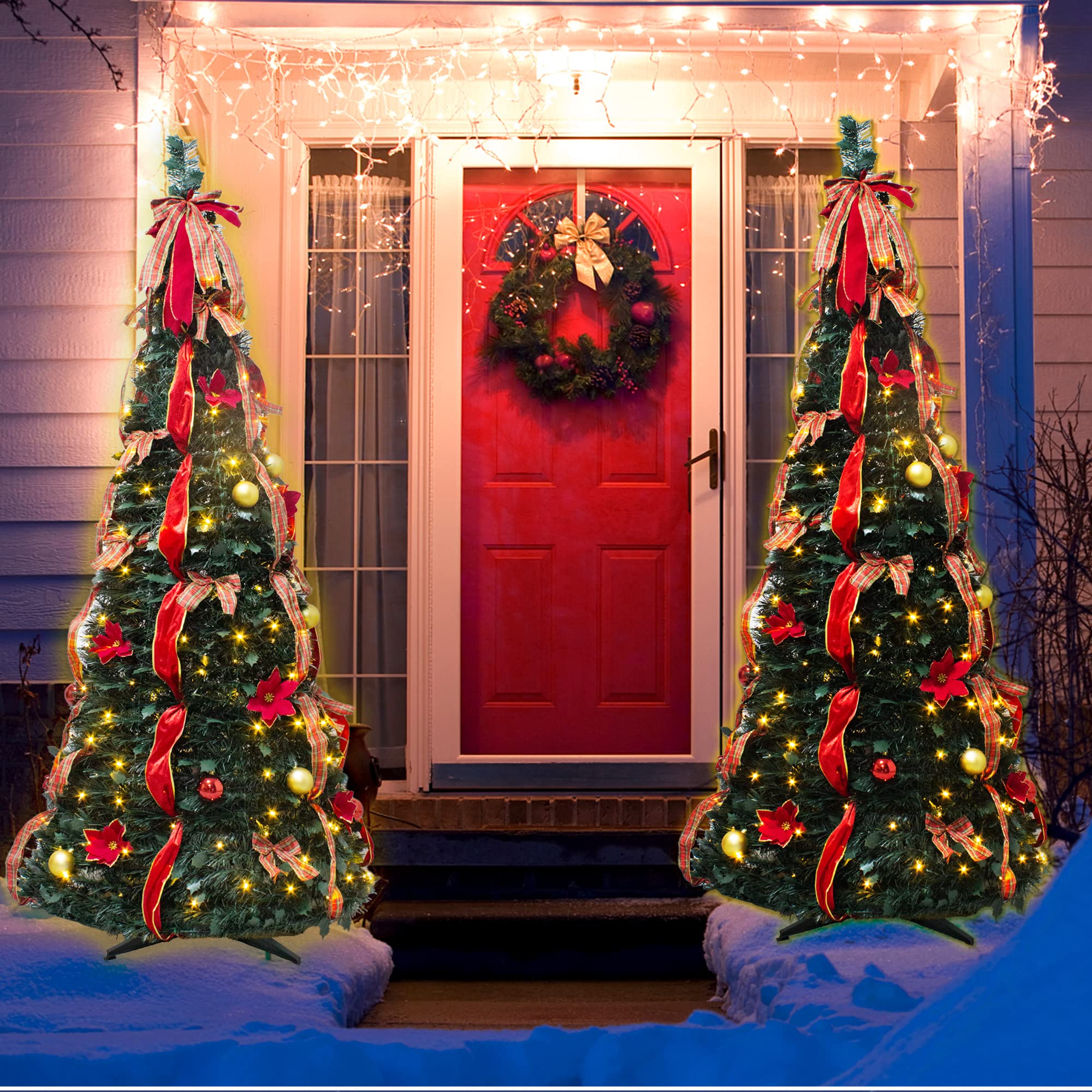 6FT Pre-Lit Pop-Up Christmas Tree with Red Ribbon Bow & Sparkling Ball Ornaments - Indoor/Outdoor Artificial Holiday Decor for Living Room, Porch, Office & Party Decorations
