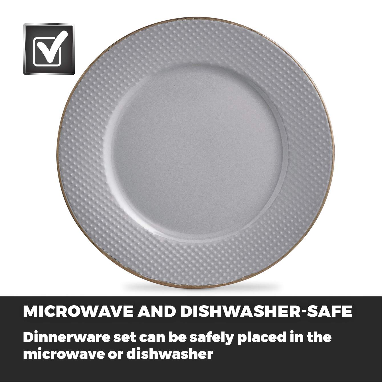 Empire 16-Piece Stoneware Dinnerware Set in Grey and Brass - Elegant Tableware for Everyday Dining & Entertaining | Tower T867002GRY