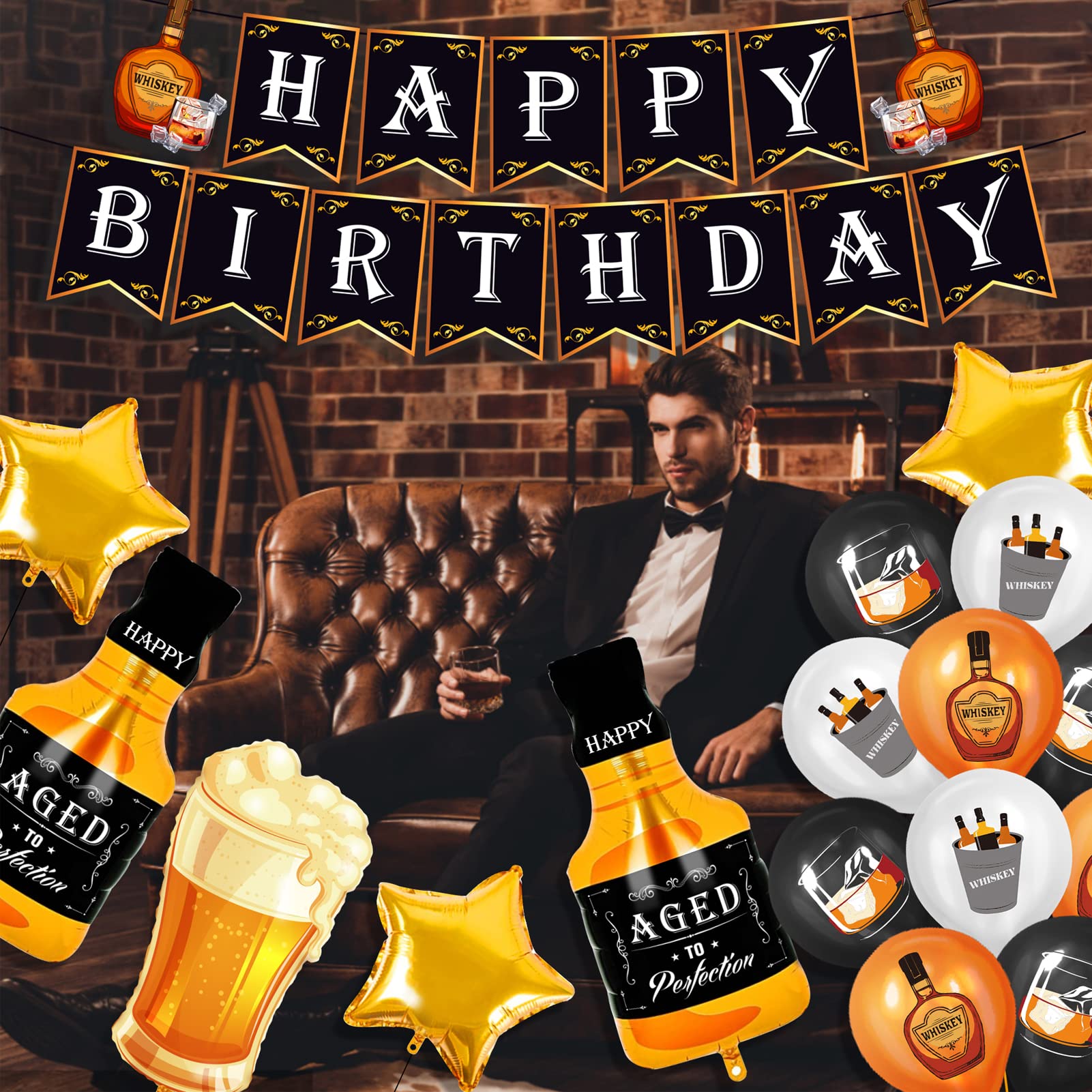 19-Piece Whisky Balloons Kit - Beer Themed Birthday Party Supplies for Aged to Perfection & Oktoberfest Decorations (Gold & Black) - Perfect for Whiskey Tasting Parties, Bachelor Celebrations & German Beer Festivals