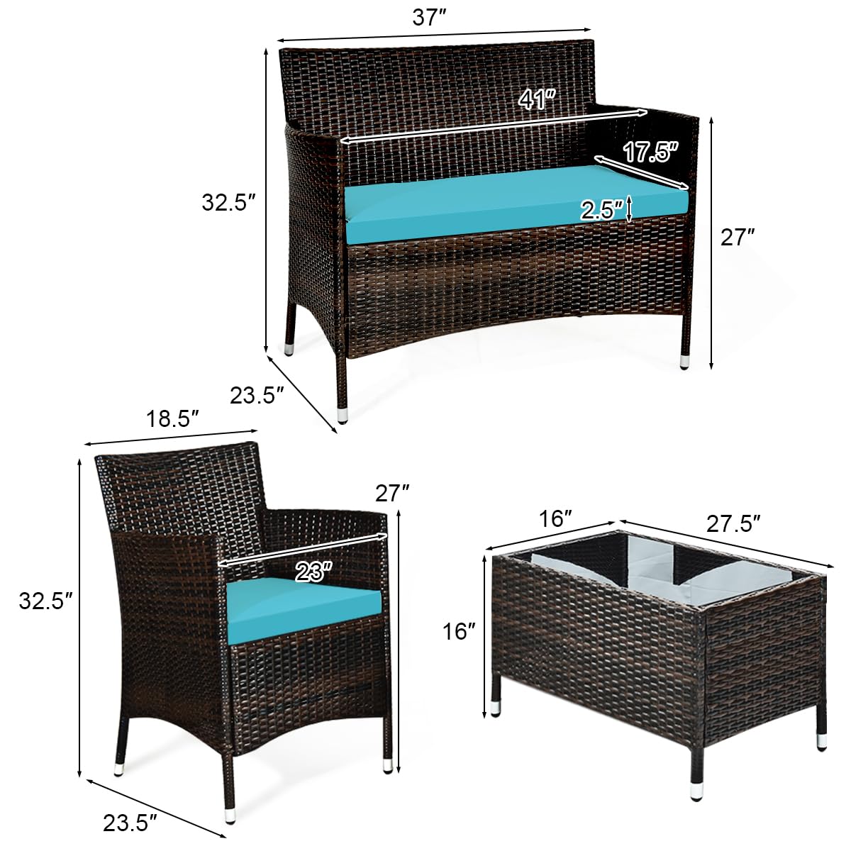 4-Piece Outdoor Rattan Furniture Set with Tempered Glass Coffee Table & Cushions - Modern Wicker Sofa Set for Patio, Backyard, Porch, Garden, Poolside (Blue) - Perfect for Relaxing, Entertaining & Outdoor Lounging