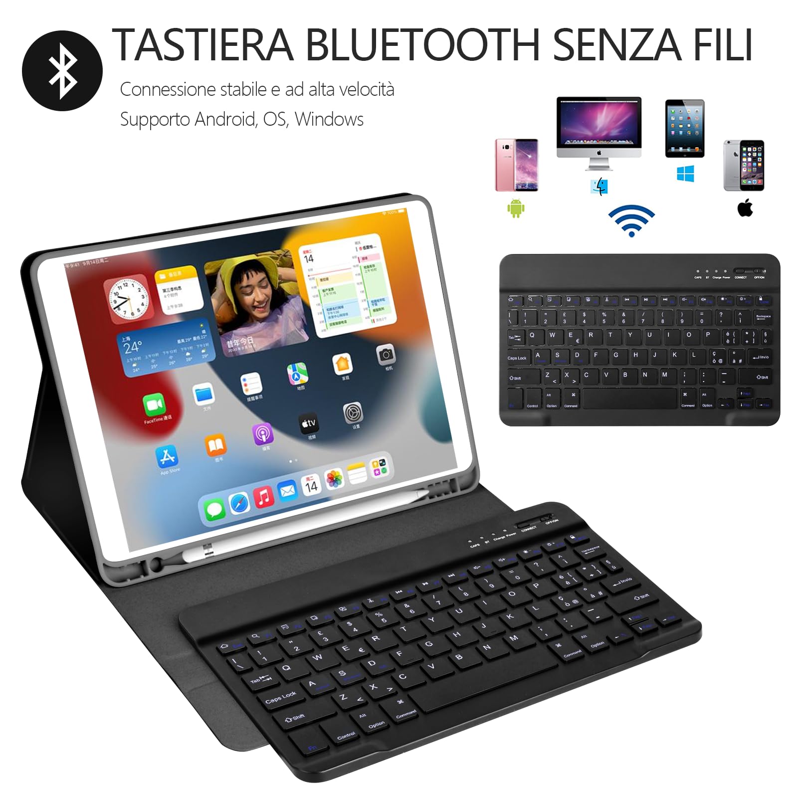 HOTLIFE Magnetic Detachable Bluetooth Keyboard Case for iPad 10.2 (7th/8th/9th Gen 2019-2021), iPad Pro 10.5 & iPad Air 3 - Italian Layout Wireless Keyboard Cover (Black) | Perfect for Work, Study & Travel
