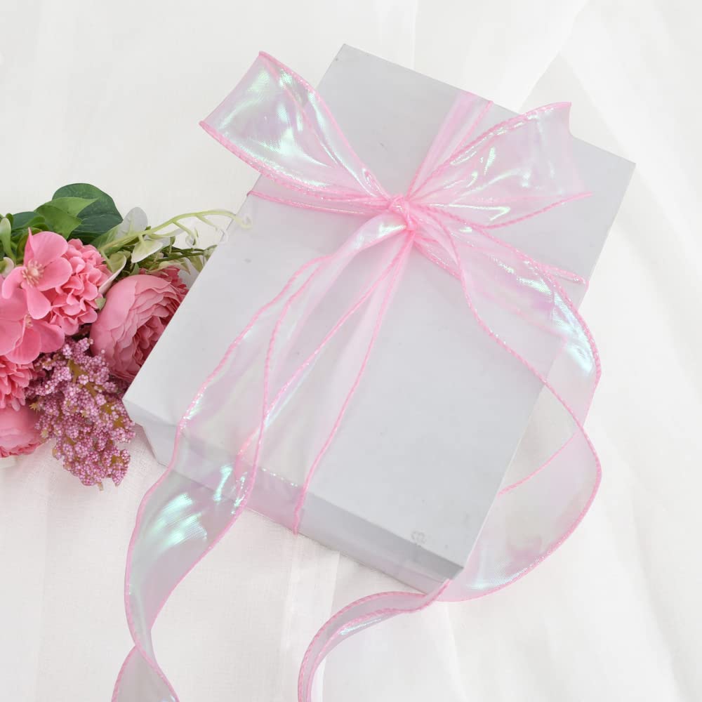 TONIFUL 1.5 Inch Wide Pink Laser Wired Chiffon Ribbon - Shimmery Sheer Organza Craft Ribbon for Wedding Bouquets, Gift Wrapping, Bow Making, Wreaths & Party Decorations - Perfect for Valentine's Day, Floral Arrangements & DIY Crafts (10 Yards)
