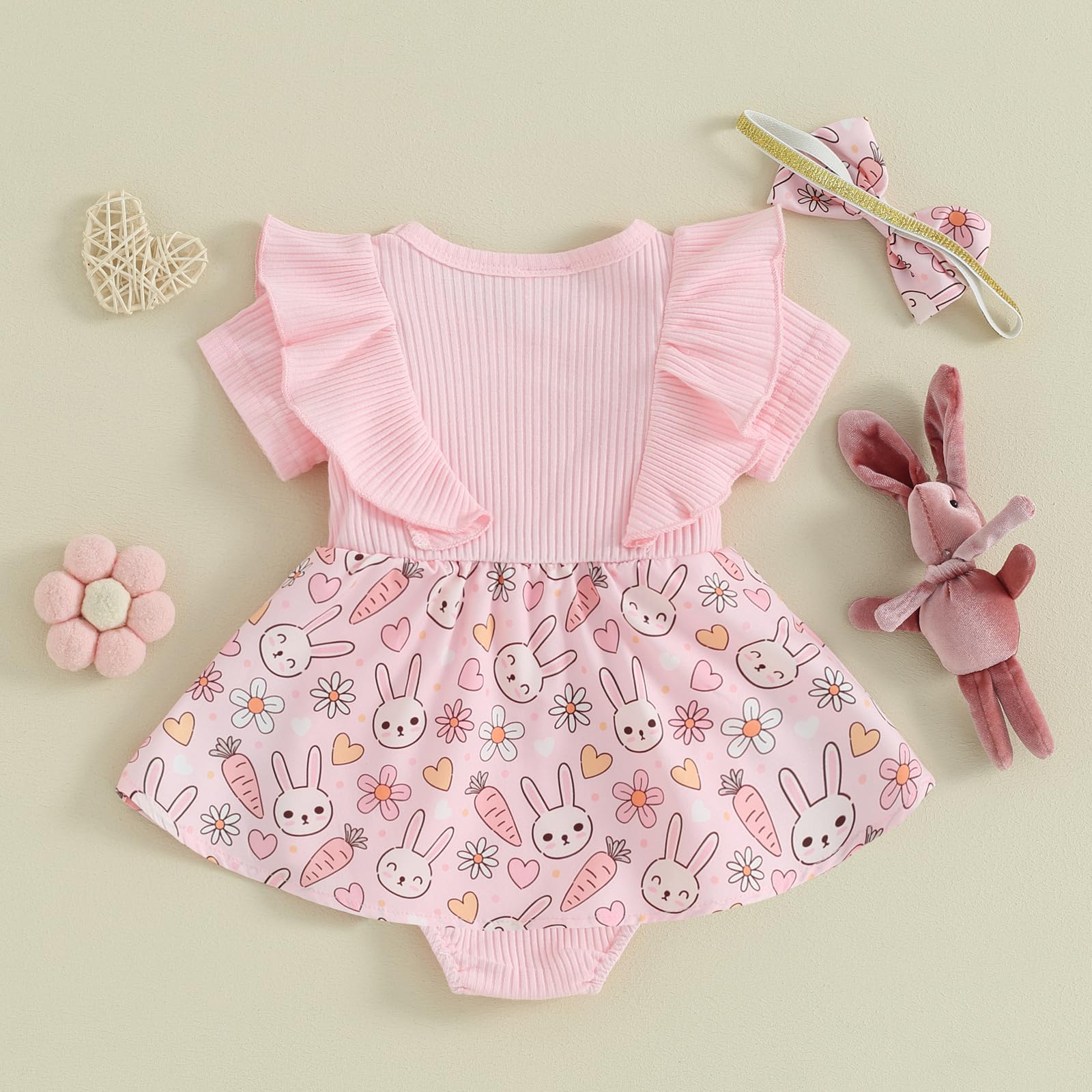 Karuedoo Newborn Baby Girl Easter Romper Dress - Ruffle Short Sleeve Bunny Eggs Print Jumpsuit Bodysuit with Headband - Perfect for Easter Photos, Spring Outings & Baby Showers