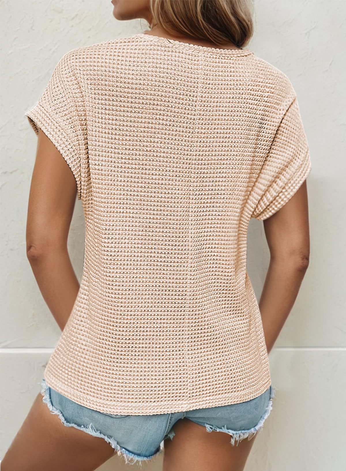 Dokotoo Women's Casual Scoop Neck Short Sleeve Waffle Knit Hollow Out Blouse - Loose Tunic Top for Summer, Beach & Everyday Wear