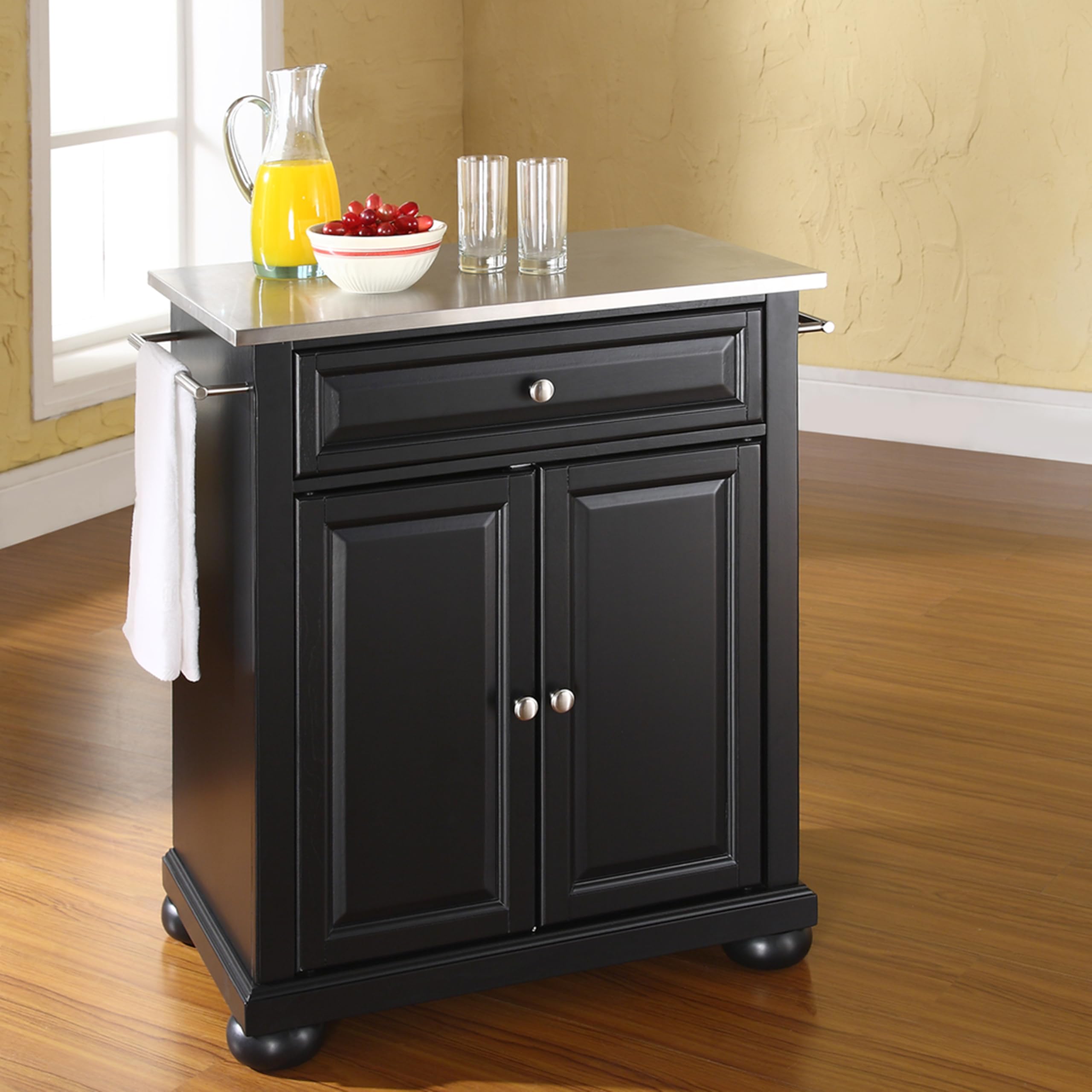 Crosley Alexandria Stainless Steel Top Rolling Kitchen Island Cart with Storage - Microwave Stand, Black - Perfect for Small Kitchens, Apartments & Dorm Rooms