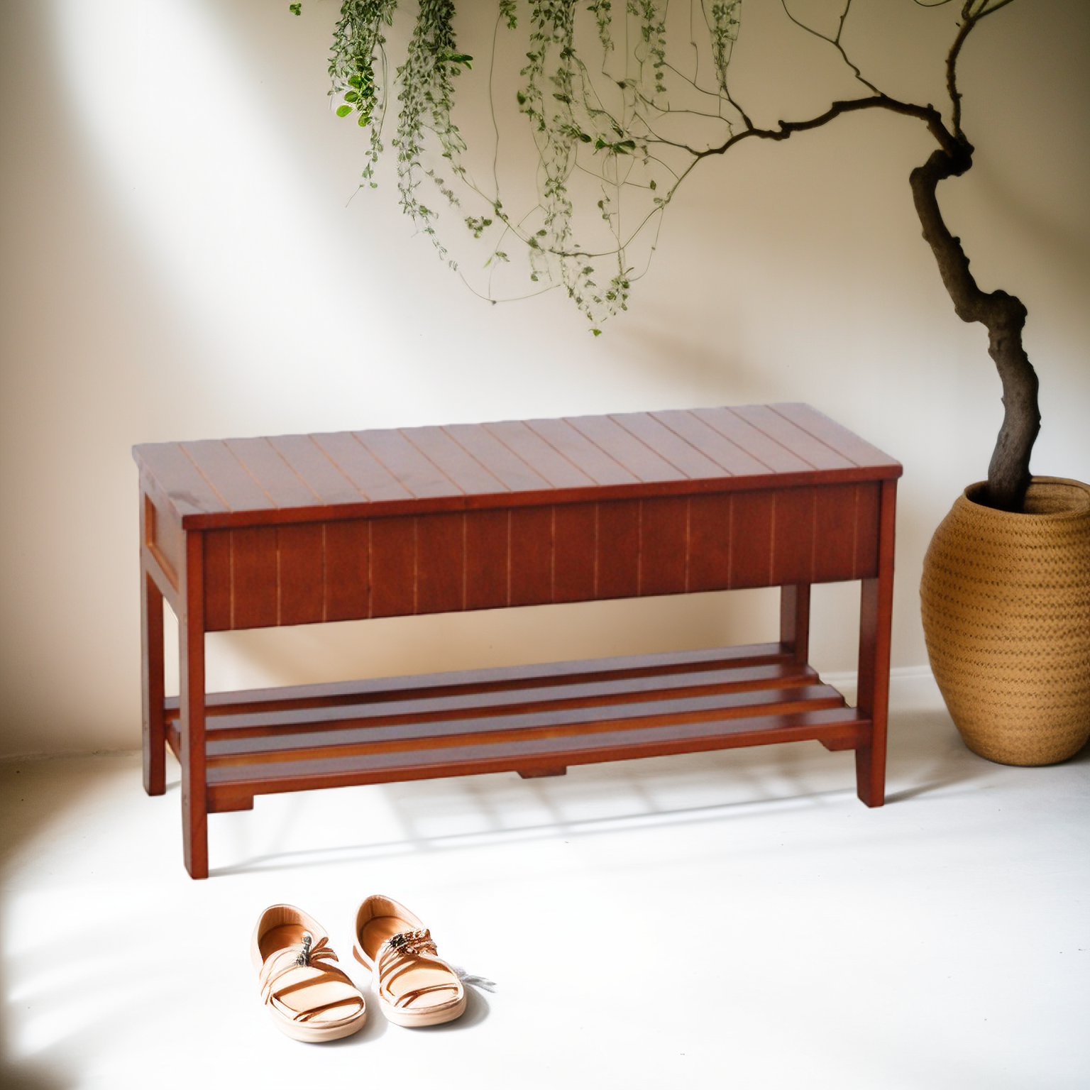 Roundhill Solid Wood Shoe Bench with Storage - Cherry Finish Entryway Organizer for Shoes, Boots & Home Décor | Perfect for Hallway, Mudroom or Bedroom Storage Solution
