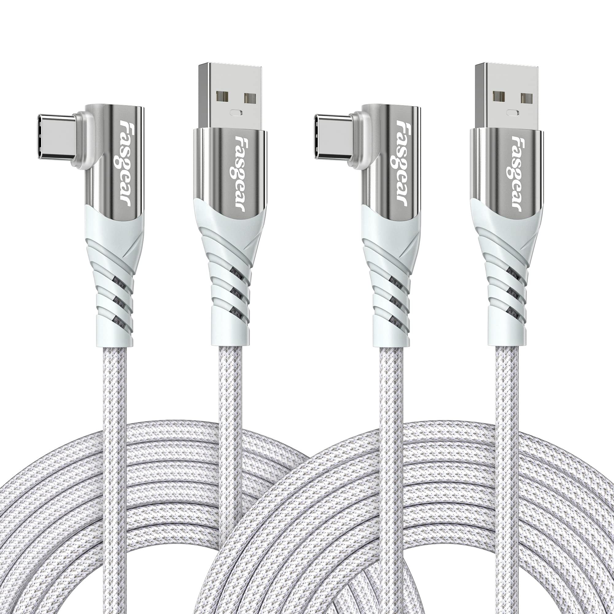 Fasgear USB C to USB A Cable 2 Pack 10ft - Braided Fast Charging Cord 3A with Right Angle for PS5 Controller, Samsung Galaxy S20, Moto G13, TCL 10 Pro, LG V60 - Perfect for Gaming, Travel & Home Charging