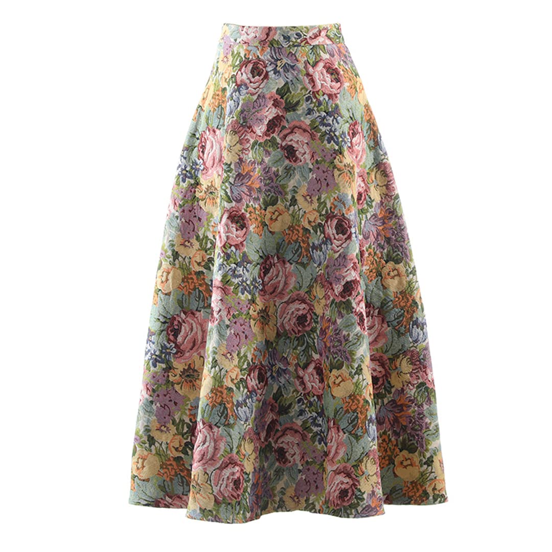 Vintage High Waist Floral Jacquard Midi Skirt for Women - Elegant Retro Style A-Line Skirt for Spring & Fall Fashion | Perfect for Office, Date Night & Special Occasions
