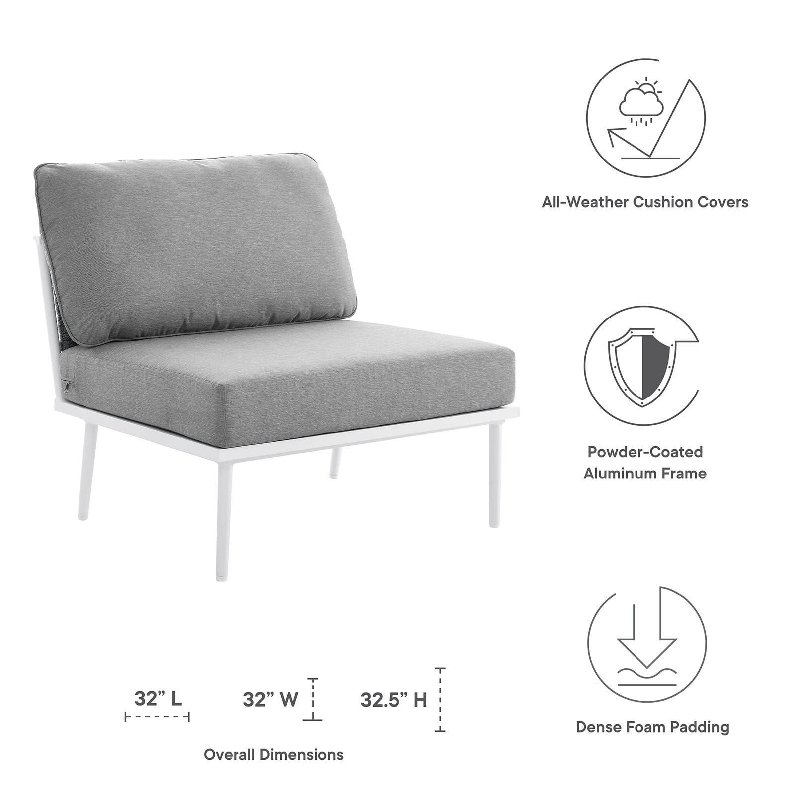 Modway Stance Outdoor Patio Armless Chair - White & Gray Woven Rope Aluminum Furniture for Garden, Poolside & Balcony Relaxation