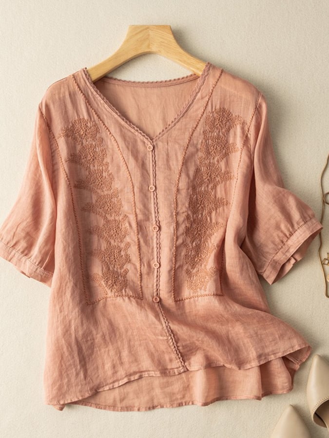 Lovevop Women's Cotton Embroidered V-Neck Blouse - Soft Loose Fit 3/4 Sleeve Tunic Top for Casual Wear, Office & Spring Outfits