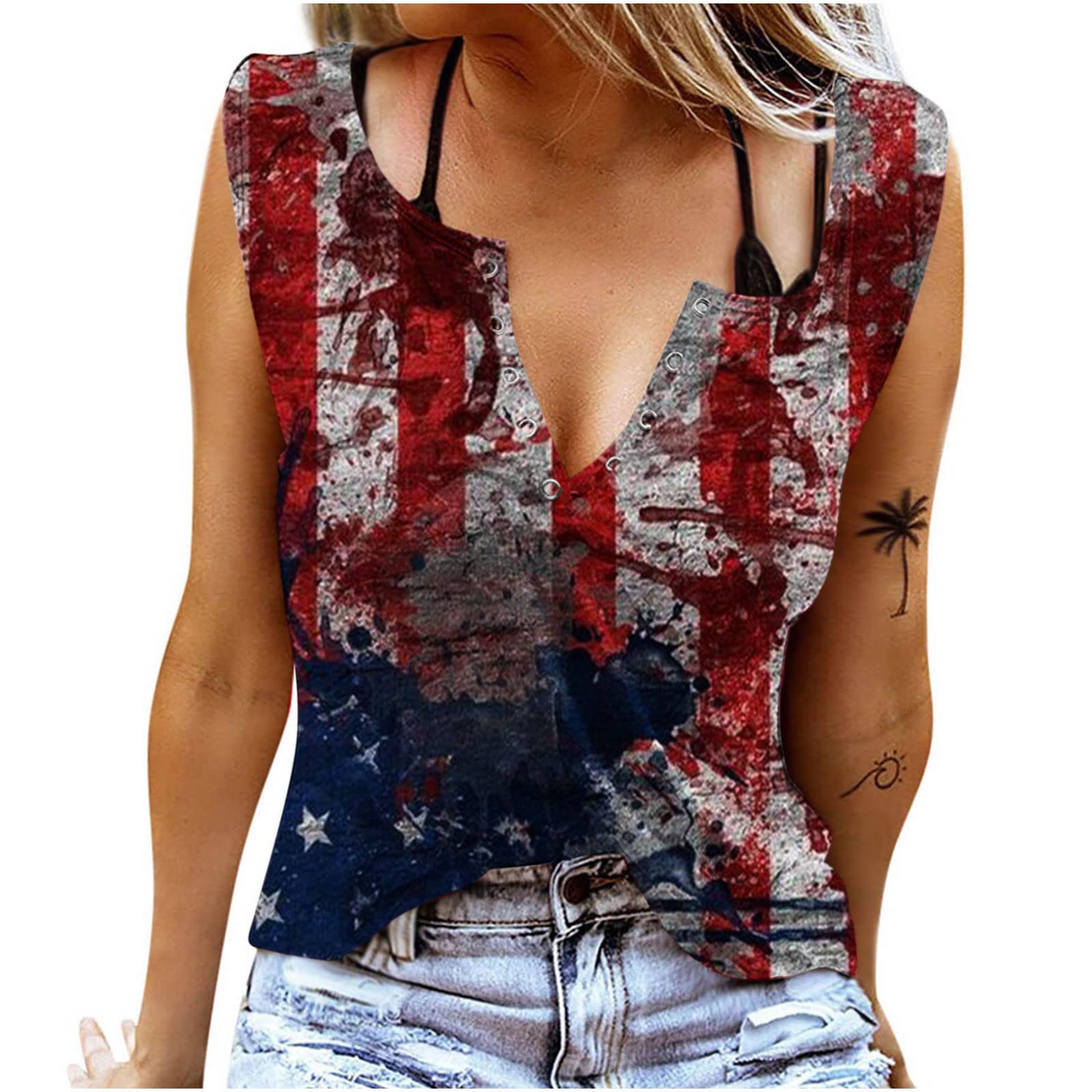 4th of July Patriotic Women's V-Neck Off Shoulder Loose Tunic Top with American Flag Print | Casual Summer Outfit, Independence Day Party Wear, BBQ & Fireworks Celebration Apparel