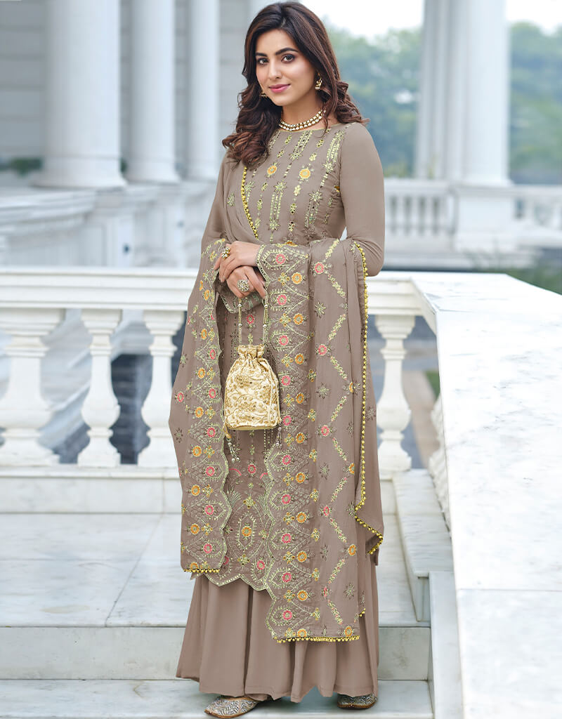 Beige Fox Georgette Palazzo Salwar Suit for Women - Elegant Indian Ethnic Wear for Weddings, Parties & Festivals