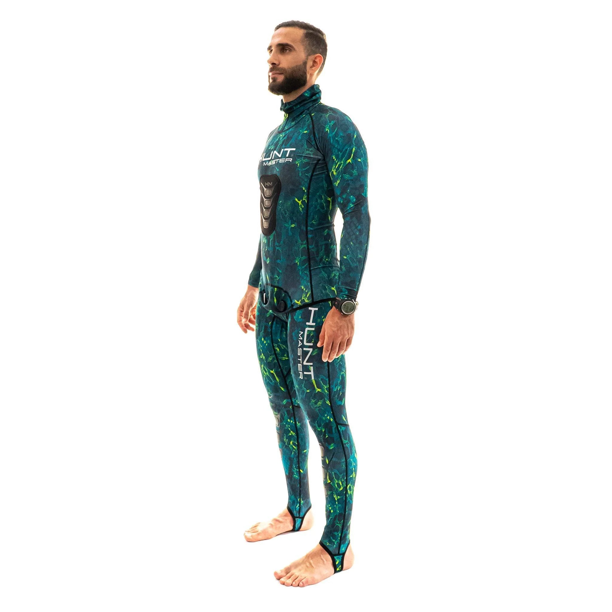 Hunt Master Camo Unisex Hooded Spearfishing Rashguard Top & Long John Pants Set with Chest Pad - UV Protection & Quick Dry for Scuba Diving, Freediving, and Water Sports
