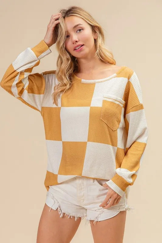 BiBi Checker Printed Hacci Knit Top with Front Pocket - Stylish Casual Wear for Women | Perfect for Everyday Outfits, Office & Weekend Outings