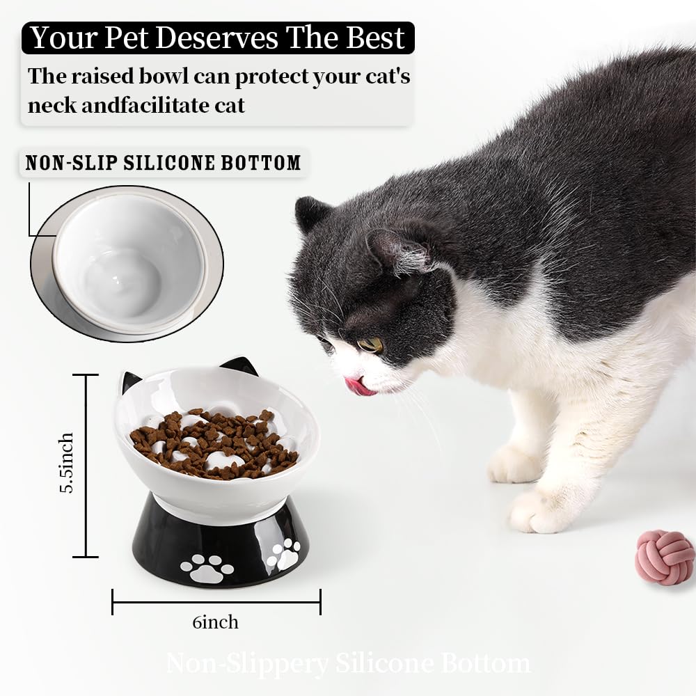 Slow Feeder Cat Bowl with Non-Slip Silicone Base - 6 Inch Elevated Ceramic Pet Food Dish for Dogs & Cats - Anti-Vomiting Design for Dry & Wet Food (White) - Perfect for Fast Eaters & Digestive Health
