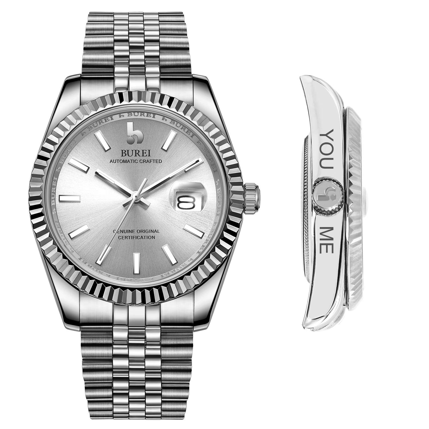 BUREI Men's Automatic Watch - Personalized Custom Analog Dial, Date Window, Sapphire Crystal, Stainless Steel Band - Perfect for Business, Gifts & Formal Occasions