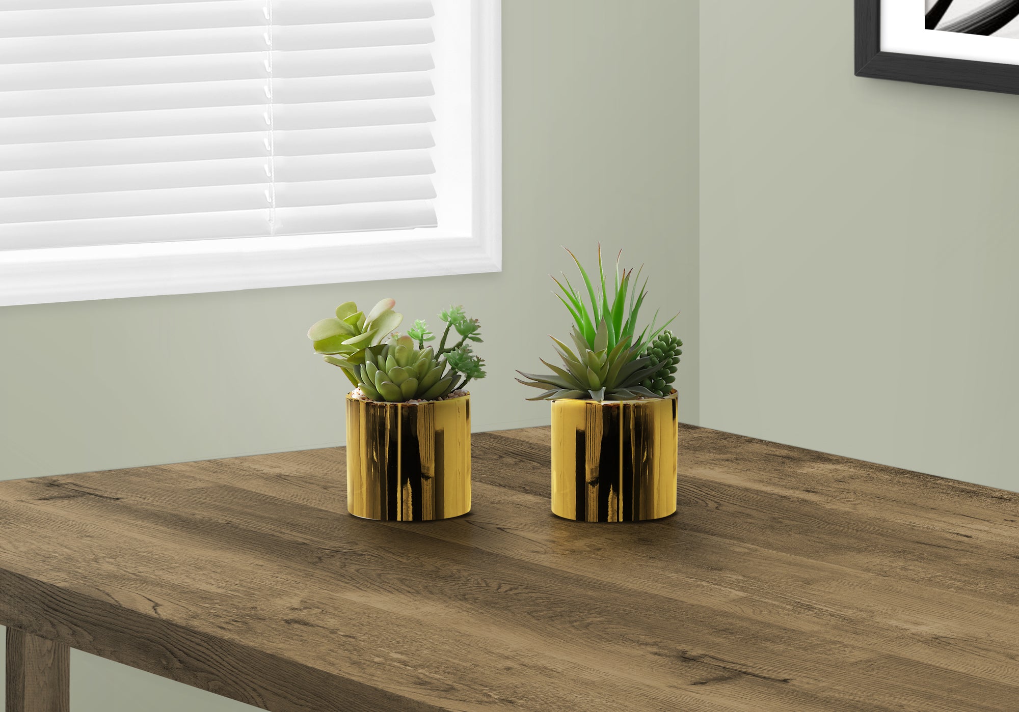 Premium Faux Succulent Plants in Glossy Gold Pots - Set of 2 Artificial Small Succulents for Home Office Desk Decor, Wedding Centerpieces & Shelf Styling