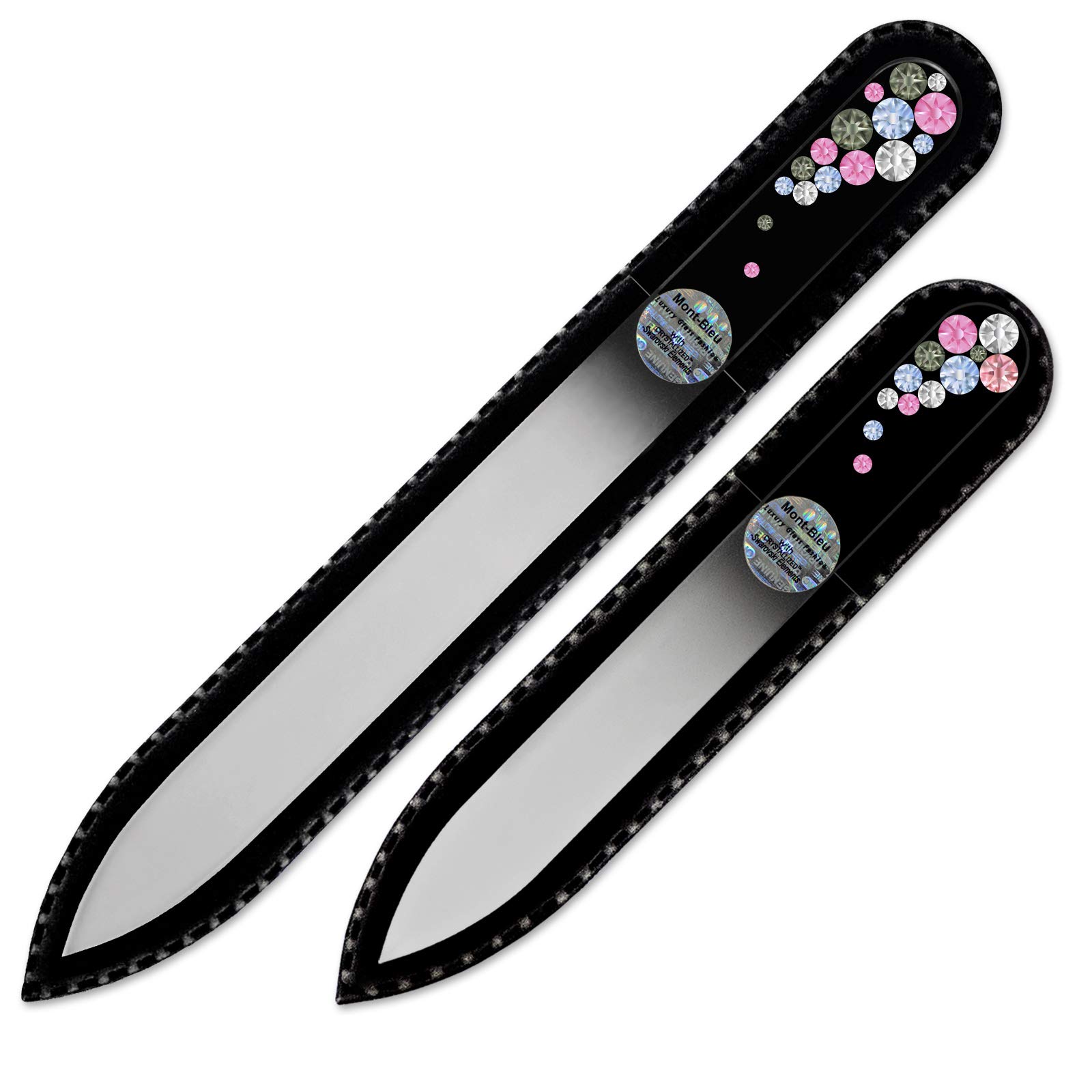 Premium Set of 2 Crystal-Embellished Glass Nail Files in Black Velvet Sleeve - Genuine Czech Tempered Glass Nail Care Tools - Perfect Gift for Women - Durable Etched Glass Nail File for Manicure, Pedicure & Nail Art - Ideal for Home Spa, Travel & Professional Salon Use
