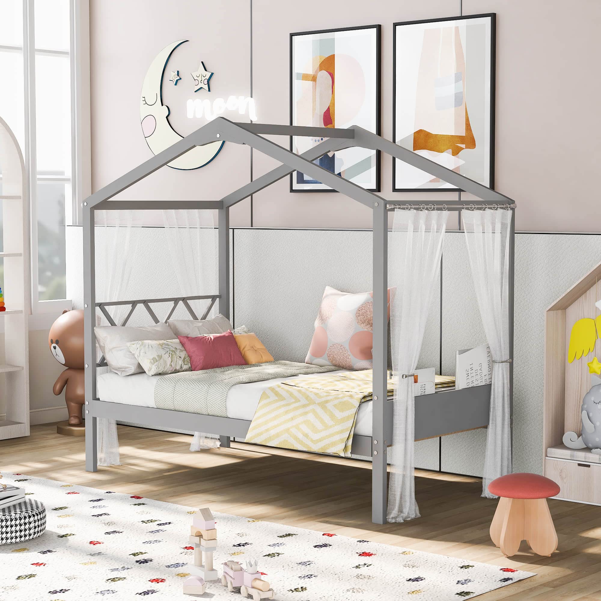 **Wooden House Bed with Storage - Twin Size Kids Bed Frame with Wood Slat Support - No Box Spring Needed - Easy Assembly - Perfect for Kids' Bedrooms, Playrooms & Sleepovers**