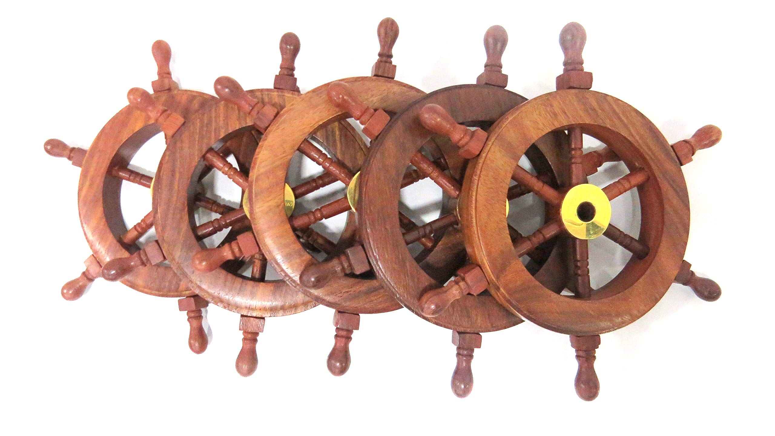 12 Inch Wooden Ship Wheel - Handcrafted Hardwood Nautical Wall Decor for Home & Office - Set of 5 - Perfect for Coastal, Beach House, or Marine Themed Interior Design