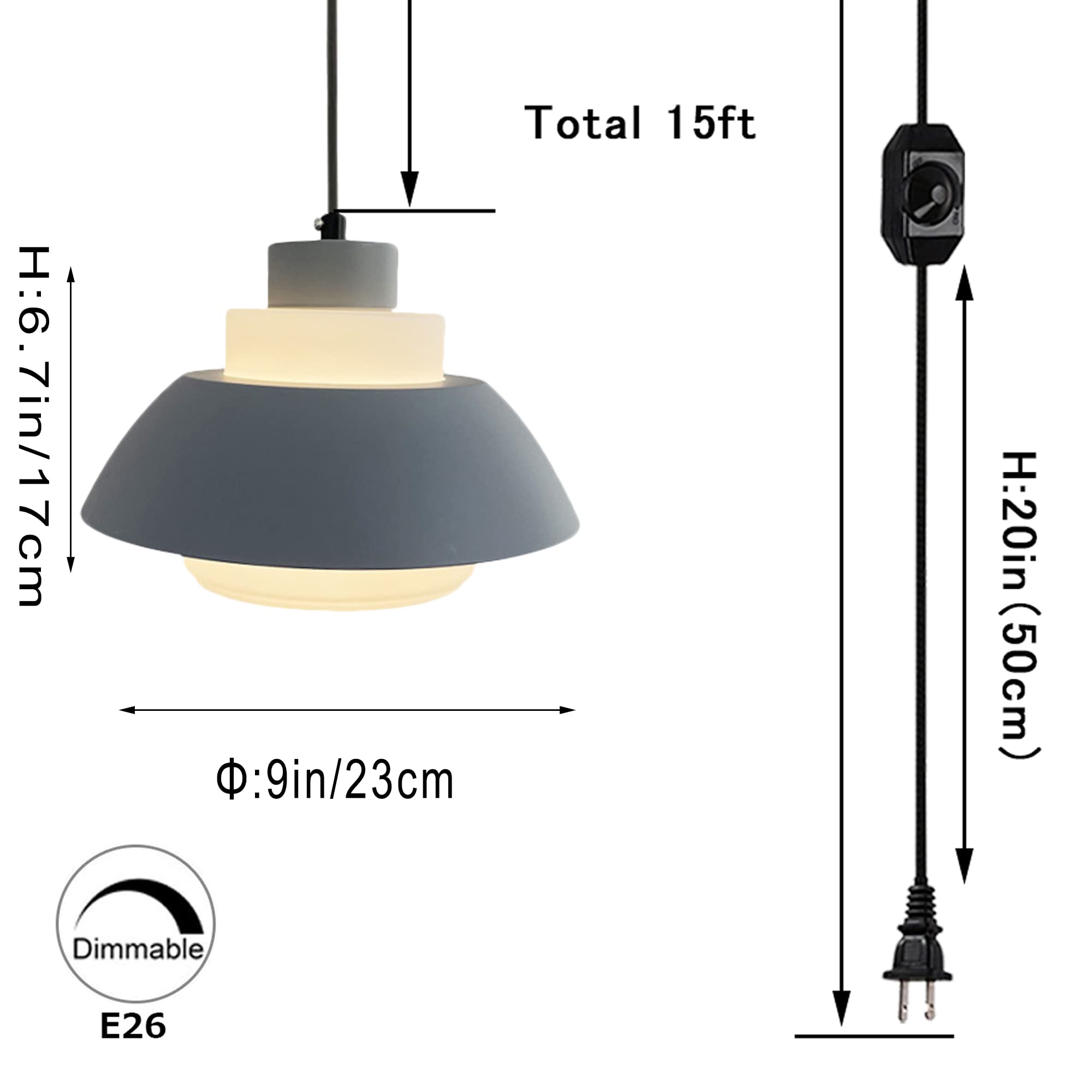 15ft Plug-in Acrylic Handle Pendant Light with UL Dimmer Switch - Macaron Grey Nordic Minimalist Loft Style Lampshade for Living Room, Bedroom & Dining Room - Bulbs Not Included (Home Decor Lighting)