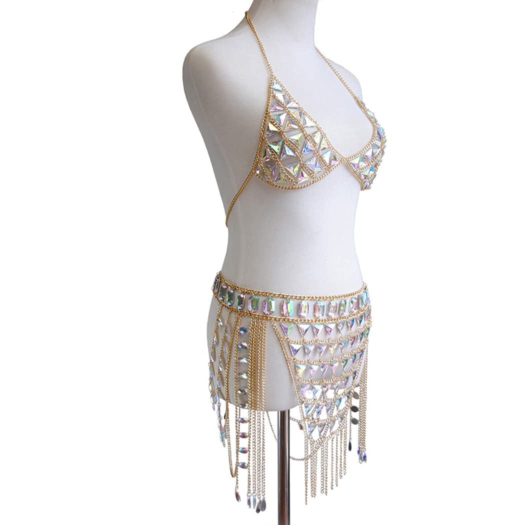 CanB Rhinestone Body Chain - Boho Waist Belly Jewelry for Women | Crystal Skirt Chain & Bra Top Accessory | Gold Festival Body Jewelry for Parties, Beach & Music Events