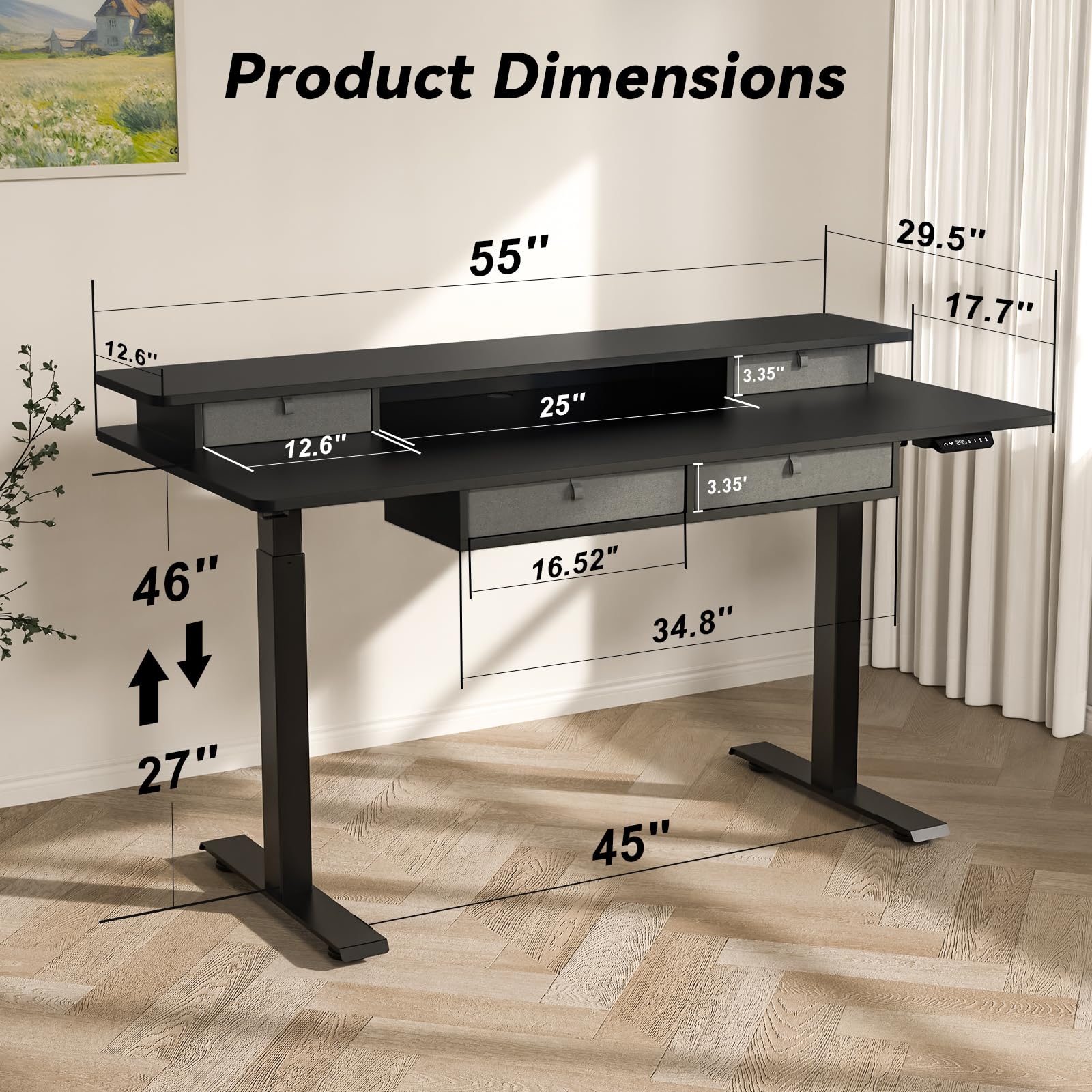 Adjustable Height Electric Standing Desk with 4 Drawers & Wheels - 55 x 30 Inches Home Office Desk with 3 Memory Presets, Monitor Stand Riser & USB A/C Charging Port - Perfect for Ergonomic Workstations & Small Spaces