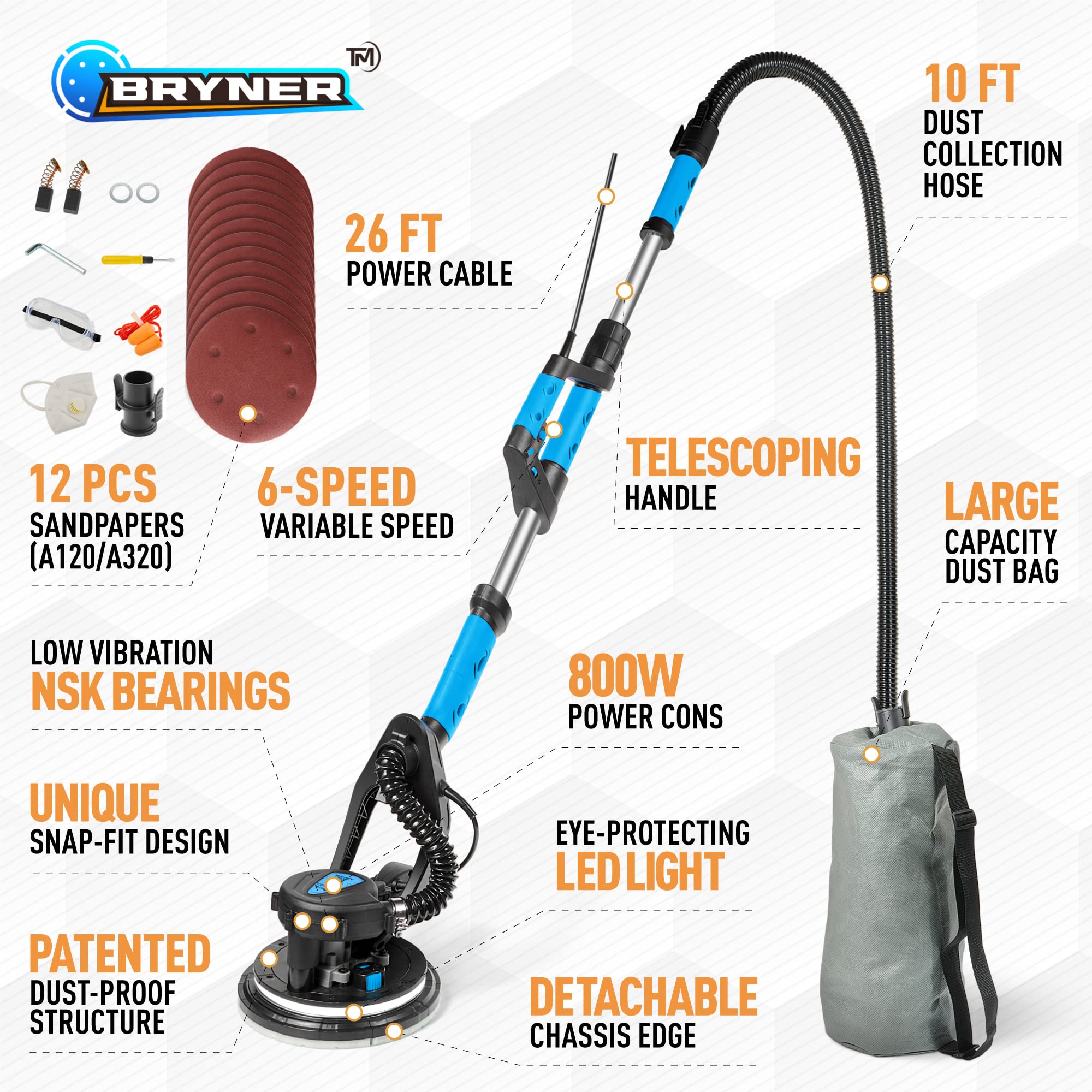 Electric Drywall Sander 800W with Vacuum - 95% Dust Removal, 12 Sanding Discs & LED Light - 6-Speed Adjustable (500-1800 RPM) - Perfect for Home Renovation, Wall Smoothing, and Professional Construction Projects