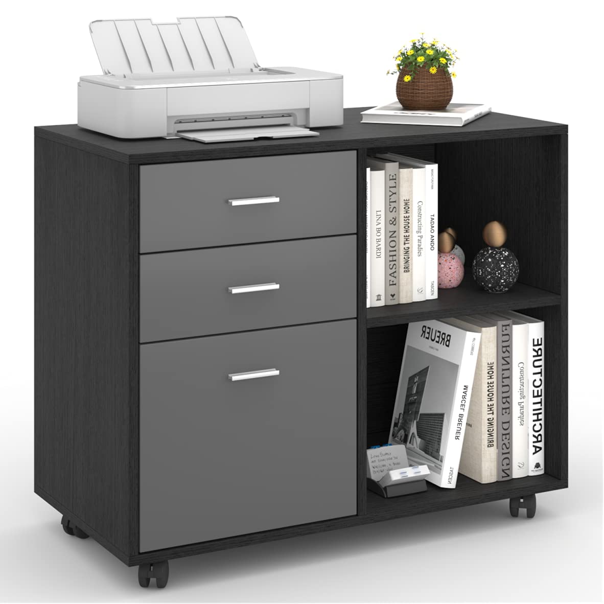 3 Drawer Lateral File Cabinet - Mobile Wood Filing Cabinet for Letter/A4 Size Documents - Rolling Printer Stand with 2 Open Storage Shelves - Home Office Organization (Black & Dark Gray) - Perfect for Small Spaces, Office Storage & Document Management