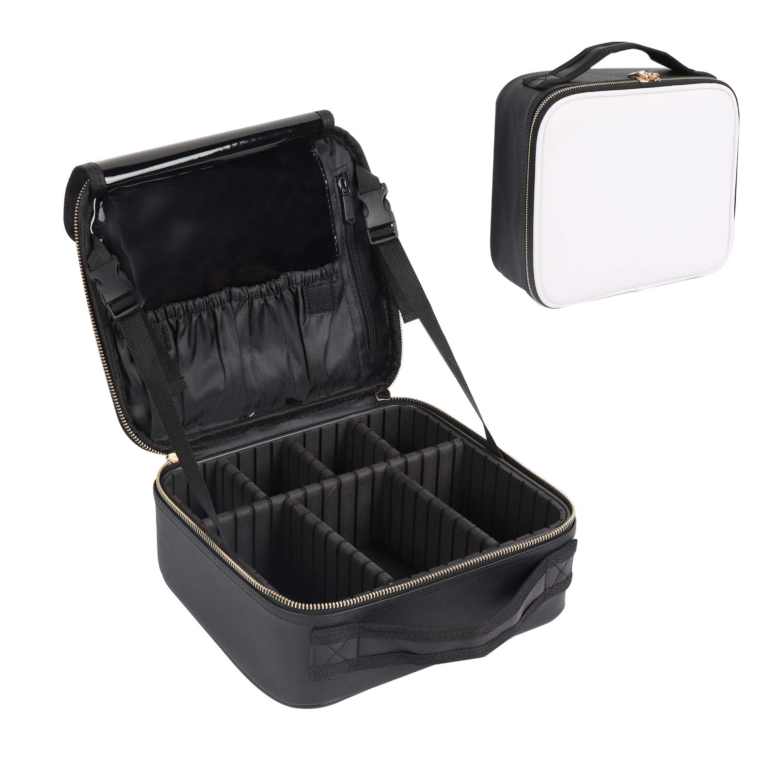 WENSEN Professional Makeup Train Case - Travel Cosmetic Organizer with Dividers for Brushes & Accessories (Black+White) | Perfect for Makeup Artists & Travel