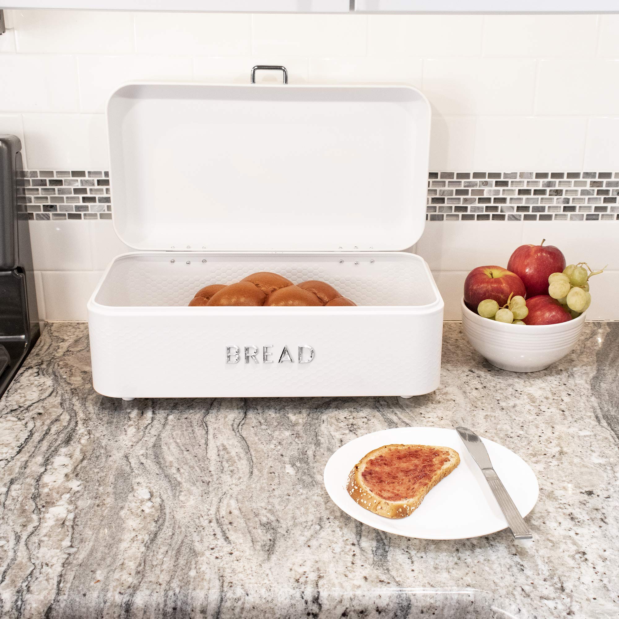 Stainless Steel Bread Box for Kitchen Countertop - White Vented Bread Storage with Hinge Lid & Non-Slip Feet | Large Bread Keeper for Loaves, Bagels, Croissants | Perfect for Bakeries, Restaurants & Home Kitchens