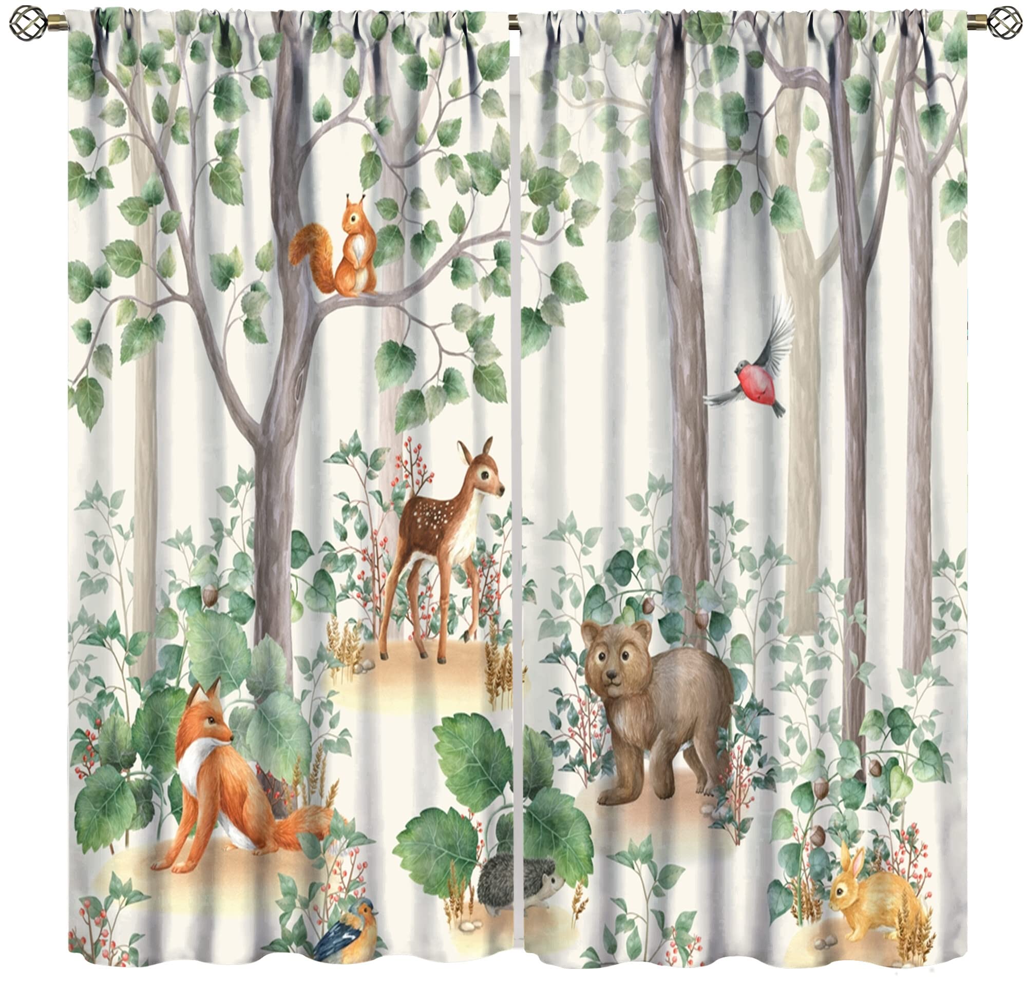 Forest Animal Curtains - Fox Elk Bird Watercolor Woodland Print Window Drapes for Kids Nursery, Bedroom & Living Room Decor (42x45 Inch) | Perfect for Nature-Themed Room Design & Cozy Home Atmosphere