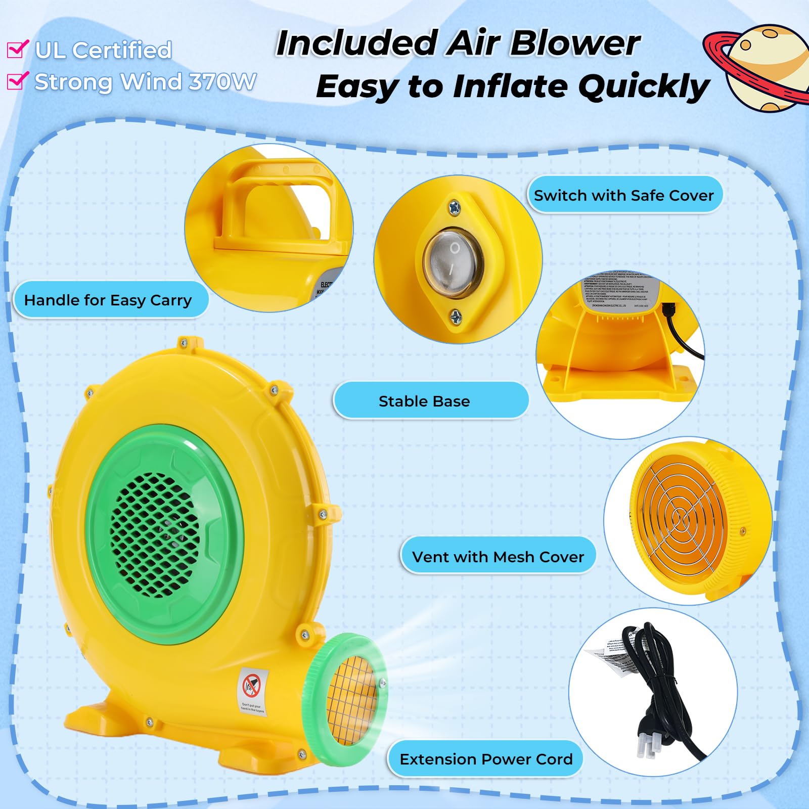 Inflatable Bounce House for Kids 2-8 Years - Astronaut Theme with Slide, Pitching Game & Photo Backdrop - 106