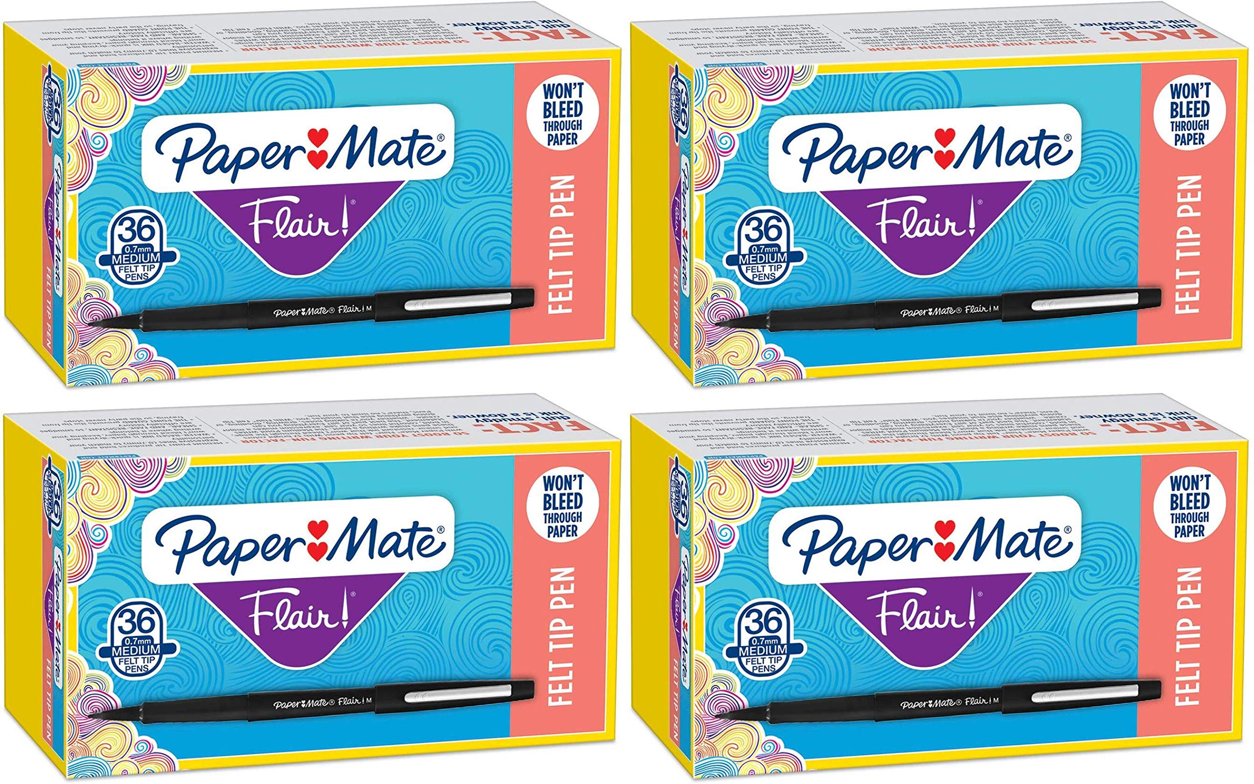 Paper Mate Flair Felt Tip Pens - Medium Point 0.7mm Black Ink - 36 Count (Pack of 4) - Perfect for Office, School, Note Taking & Art Projects