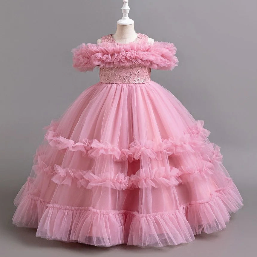 Girls Puff Sleeve Off Shoulder Princess Dress with Bow & Mesh Skirt - Elegant Party Dress for Kids 4-12 Years | Perfect for Birthday Parties, Pageants & Special Occasions