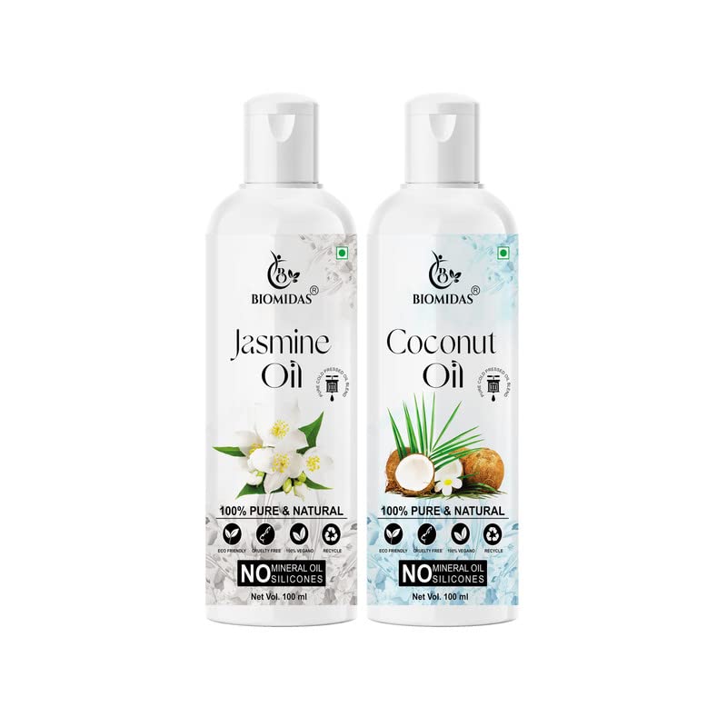 Biomidas 100% Pure Jasmine Oil & Coconut Oil Combo (100ML Each) - Promotes Rapid Hair Growth, Reduces Hair Fall & Split Ends for Softer, Shinier Hair - Perfect for Daily Hair Care & Scalp Massage (Pack of 2)