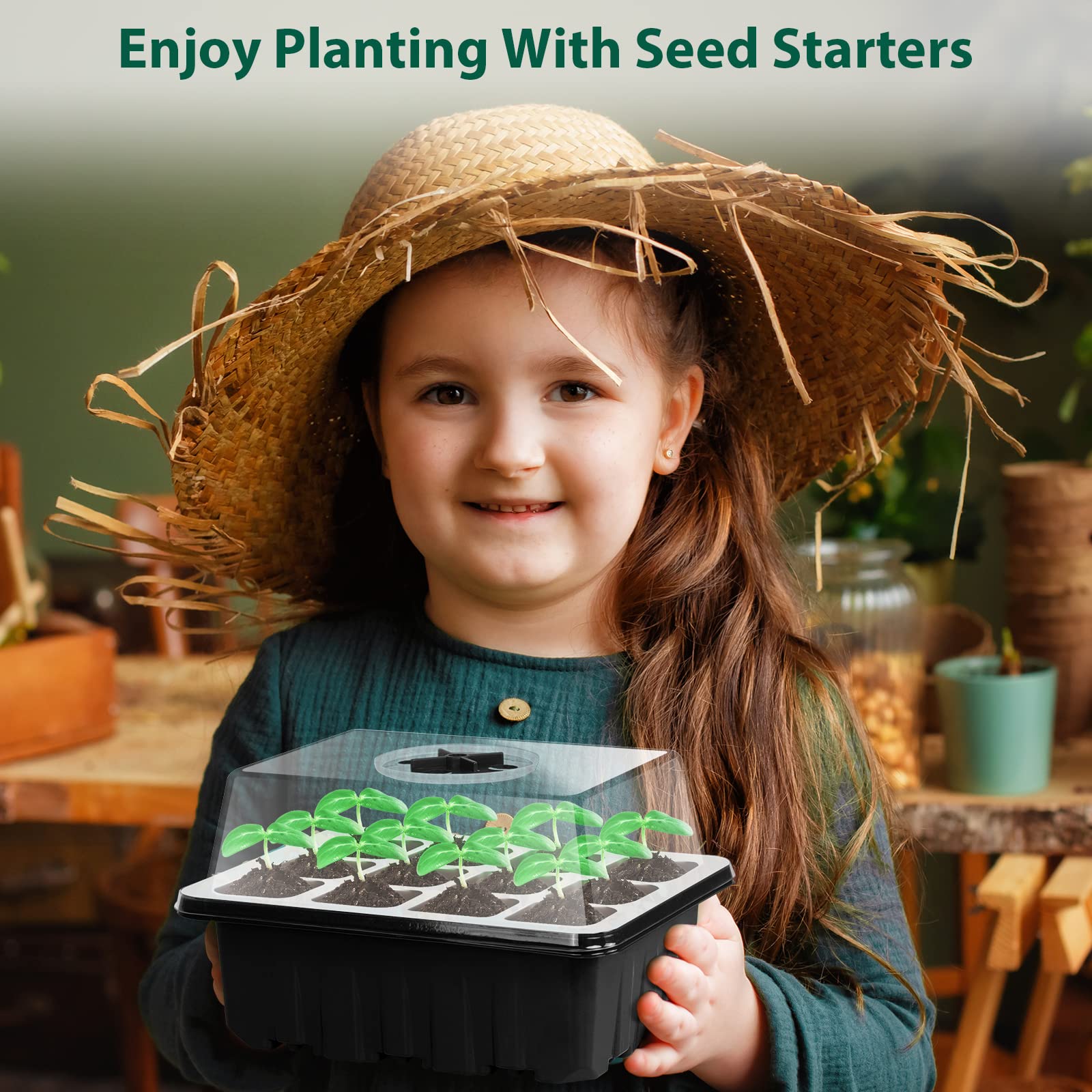 Sfee 10 Pack Seed Starter Tray Kit - 120 Cells Seedling Starter Trays with Humidity Dome & Base, Reusable Greenhouse Growing Trays with Garden Tools & Plant Labels (Black) - Perfect for Indoor Herb Gardening, Vegetable Seed Starting & Hydroponic Planting