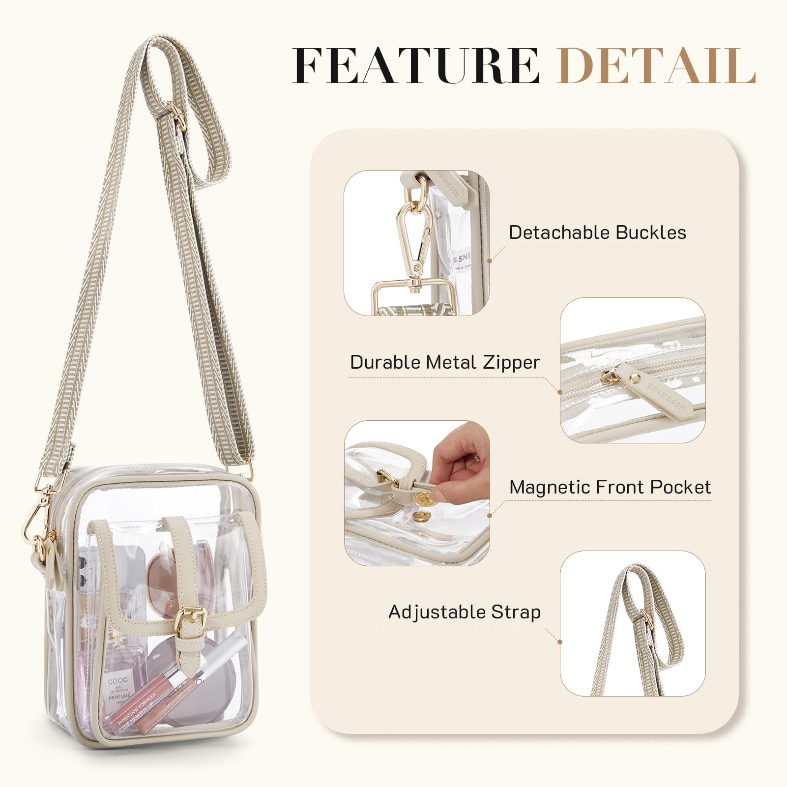 Missnine Clear Crossbody Bag for Women - Small Transparent Purse for Concerts, Stadium Events, Music Festivals & Travel - Perfect for Security Checks & Hands-Free Convenience