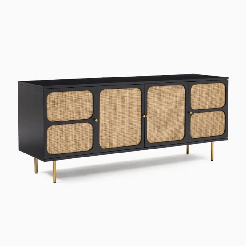 Solid Wood & Woven Black Media Console with Gold Metal Base - Modern Indian Cane TV Stand for Living Room | Entertainment Center with Storage Shelves | Perfect for Home Theater Setup & Living Room Organization