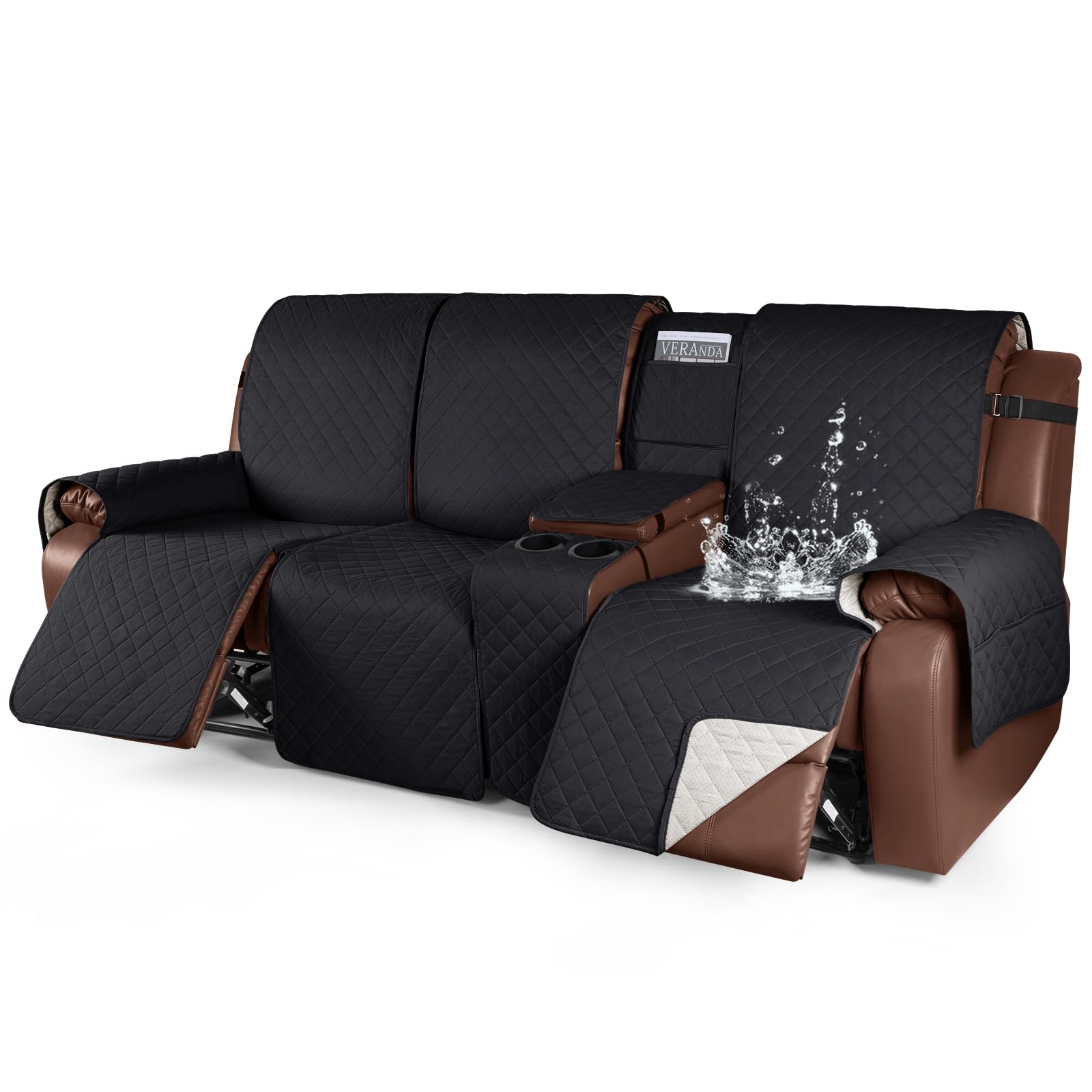 KinCam 100% Waterproof Recliner Sofa Cover with Console - Non-Slip 3-Seater Reclining Couch Cover - Elastic Straps Furniture Protector for Pets & Kids (Black) - Perfect for Living Room, Family Room & Pet-Friendly Homes