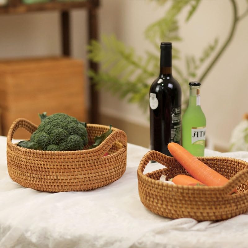 Handwoven Rattan Storage Basket with Handles - Set of 2 for Fruit, Bread & Home Organization | Perfect for Kitchen, Dining Room & Farmhouse Decor