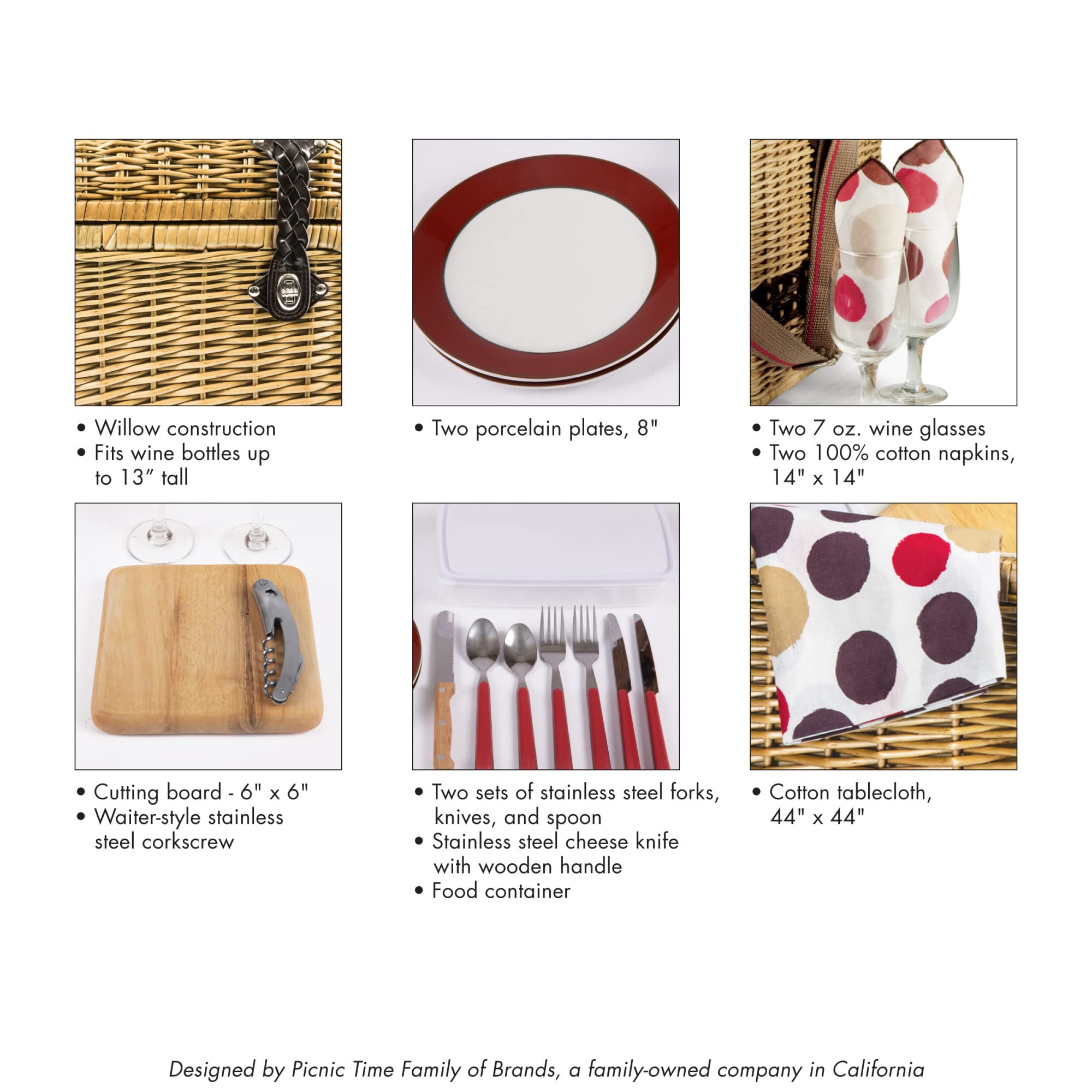 PICNIC TIME Yellowstone Picnic Basket - Moka Collection Brown with Beige & Red Accents | Perfect for Outdoor Picnics, Camping & Romantic Dates | Durable & Stylish Picnic Basket for 2-4 People