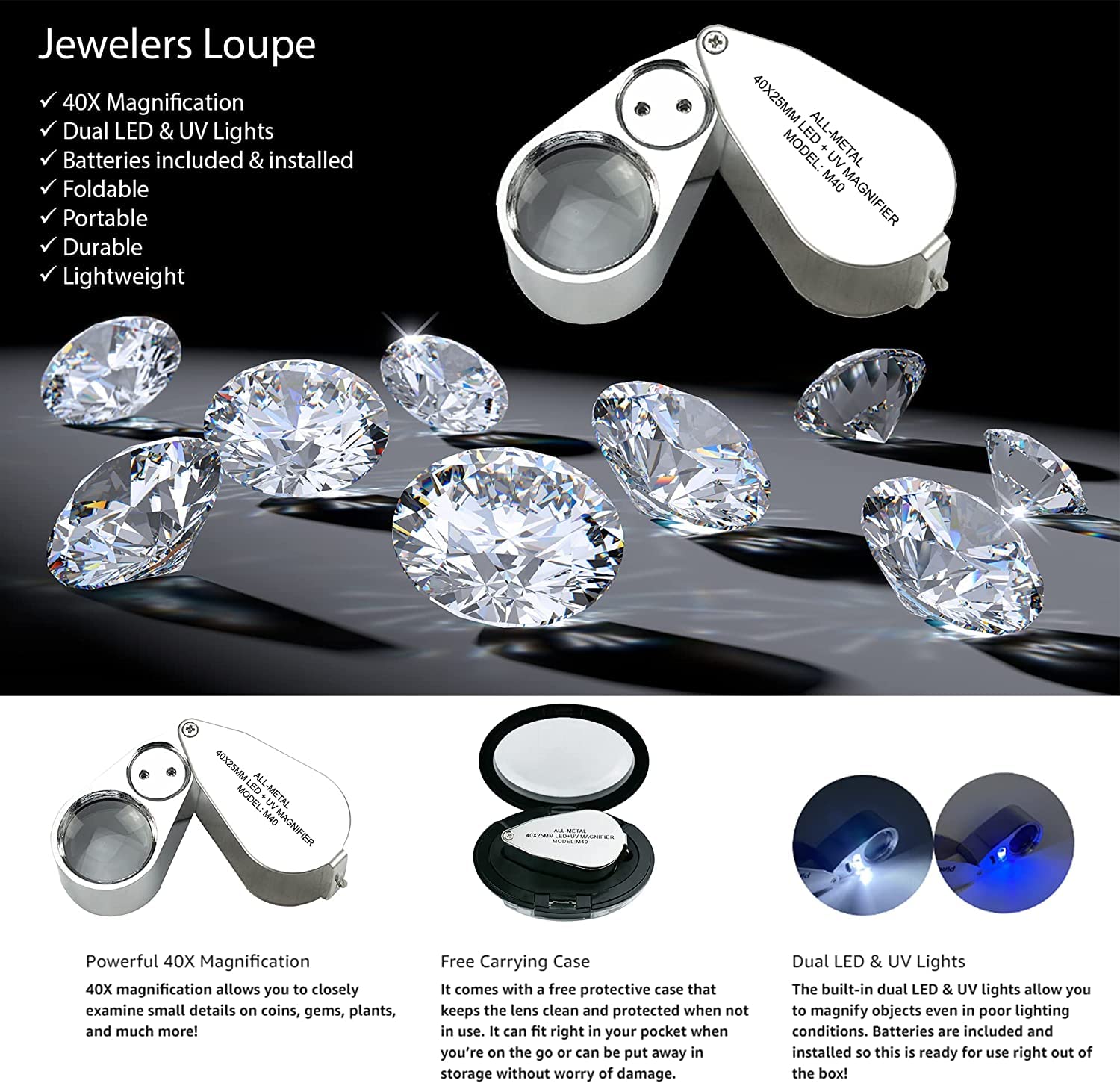 Professional Diamond Tester Pen with 40X Magnifier - High Accuracy Jewelry Tester Kit with LED/UV Light for Gemstone Identification | Perfect for Jewelers, Pawn Shops & Gem Enthusiasts (Home Use, Field Testing & Professional Appraisal)