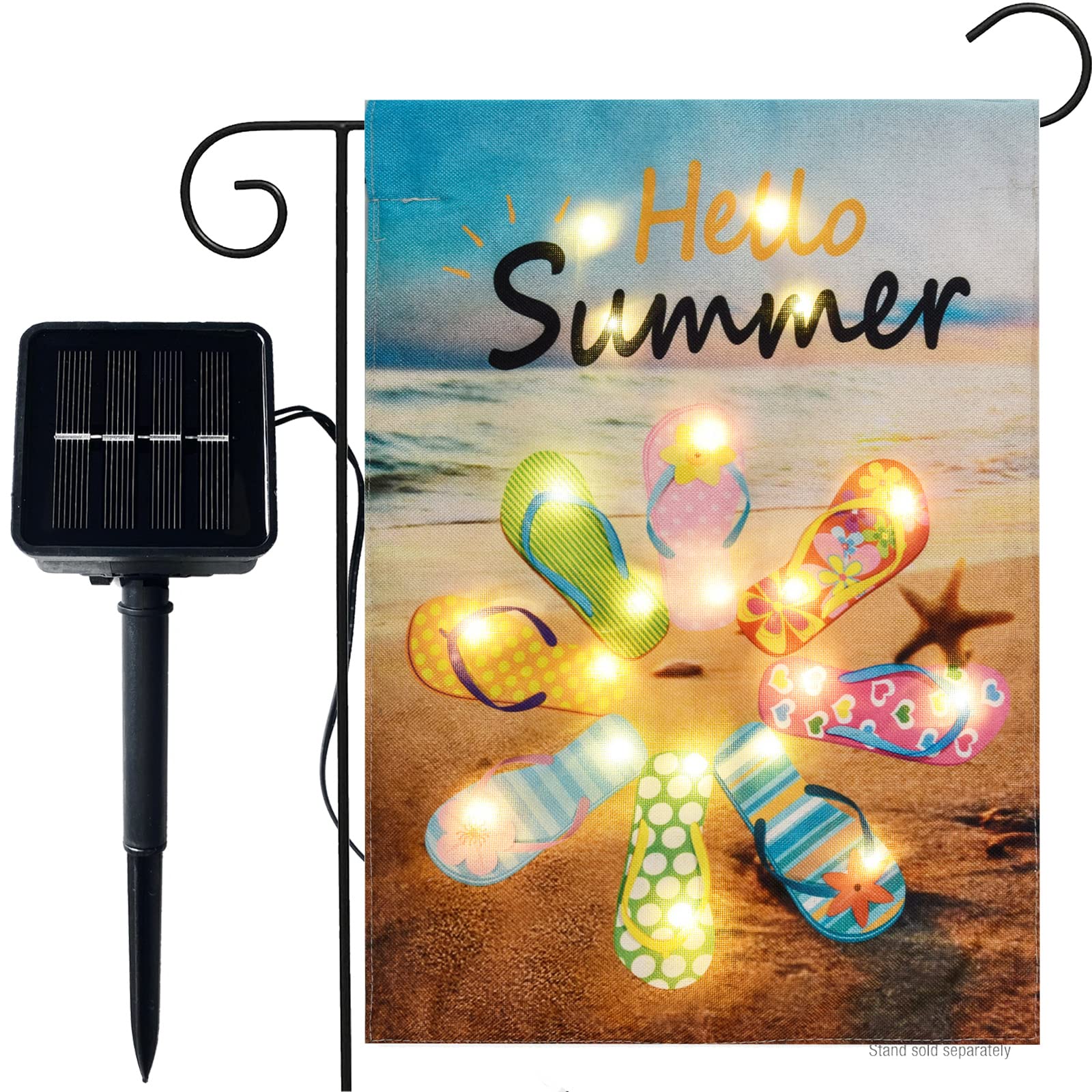 WDGG Solar LED Hello Summer Beach Flip Flops Burlap Garden Flag - 12x18 Inch Double Sided Outdoor Yard Decor with Lights for Patio, Lawn, Farmhouse - Perfect for Summer Parties & Coastal Home Decor