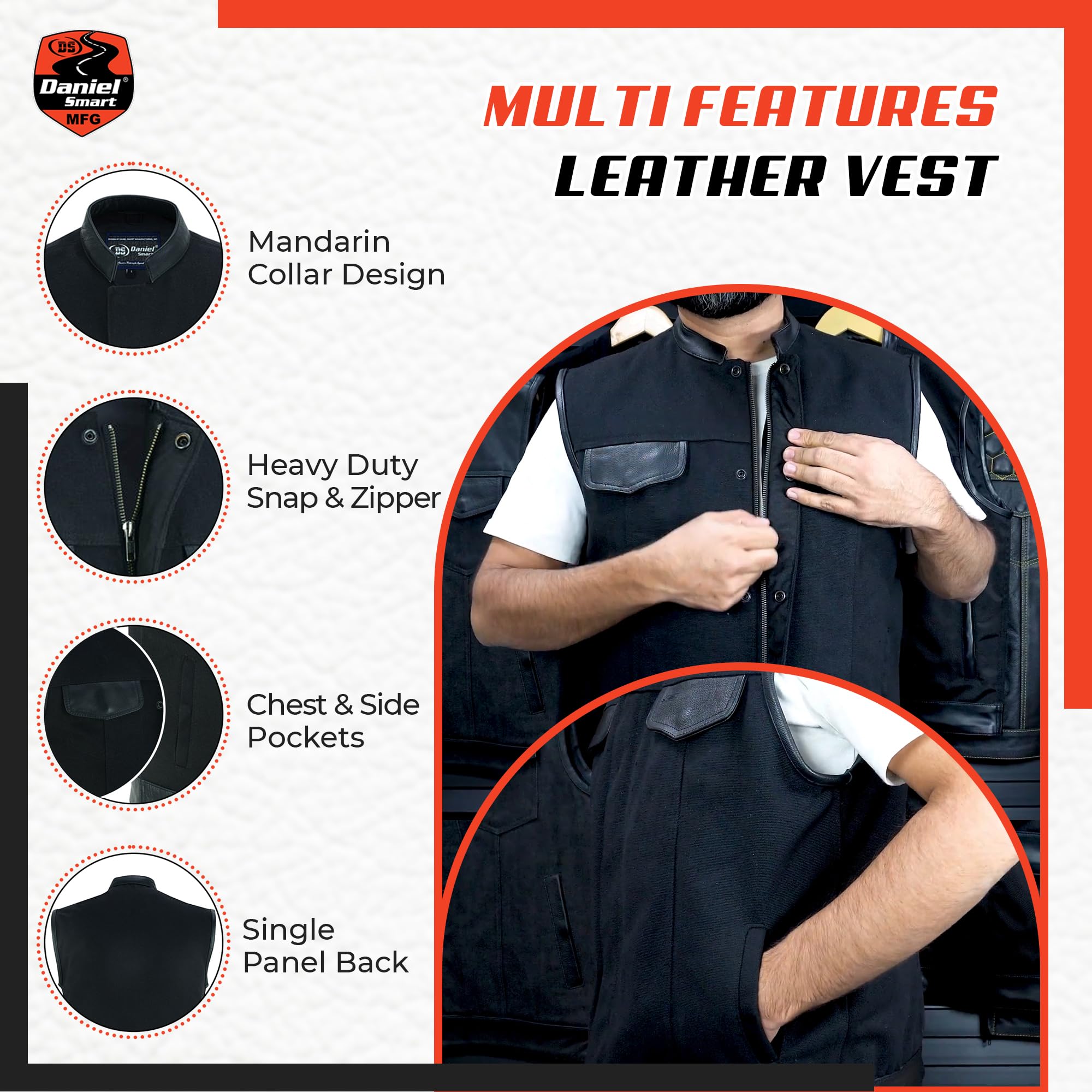 Daniel Smart Men’s Canvas Motorcycle Vest with Leather Detailing & Concealment Armory Pocket - Stylish Biker Jacket for Riding, Outdoor Adventures & Casual Wear