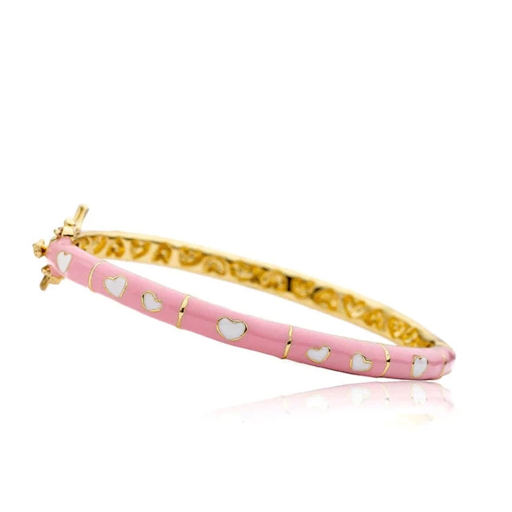 14K Gold Plated Little Miss Twin Stars Heart Bangle Bracelet - Single & Double Pink Heart Charm for Women & Girls | Kawaii Anime Jewelry Gift for Birthday, Valentine's Day