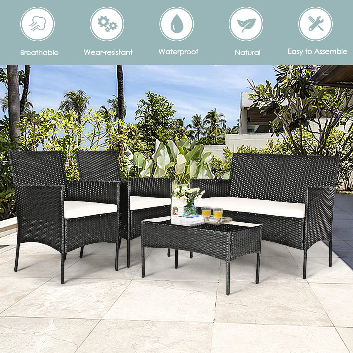 HAPPYGRILL 8-Piece Outdoor Patio Furniture Set - Rattan Wicker Conversation Sofa Set with Tempered Glass Table & Removable Cushions - Perfect for Poolside, Garden, Backyard, and Patio Relaxation