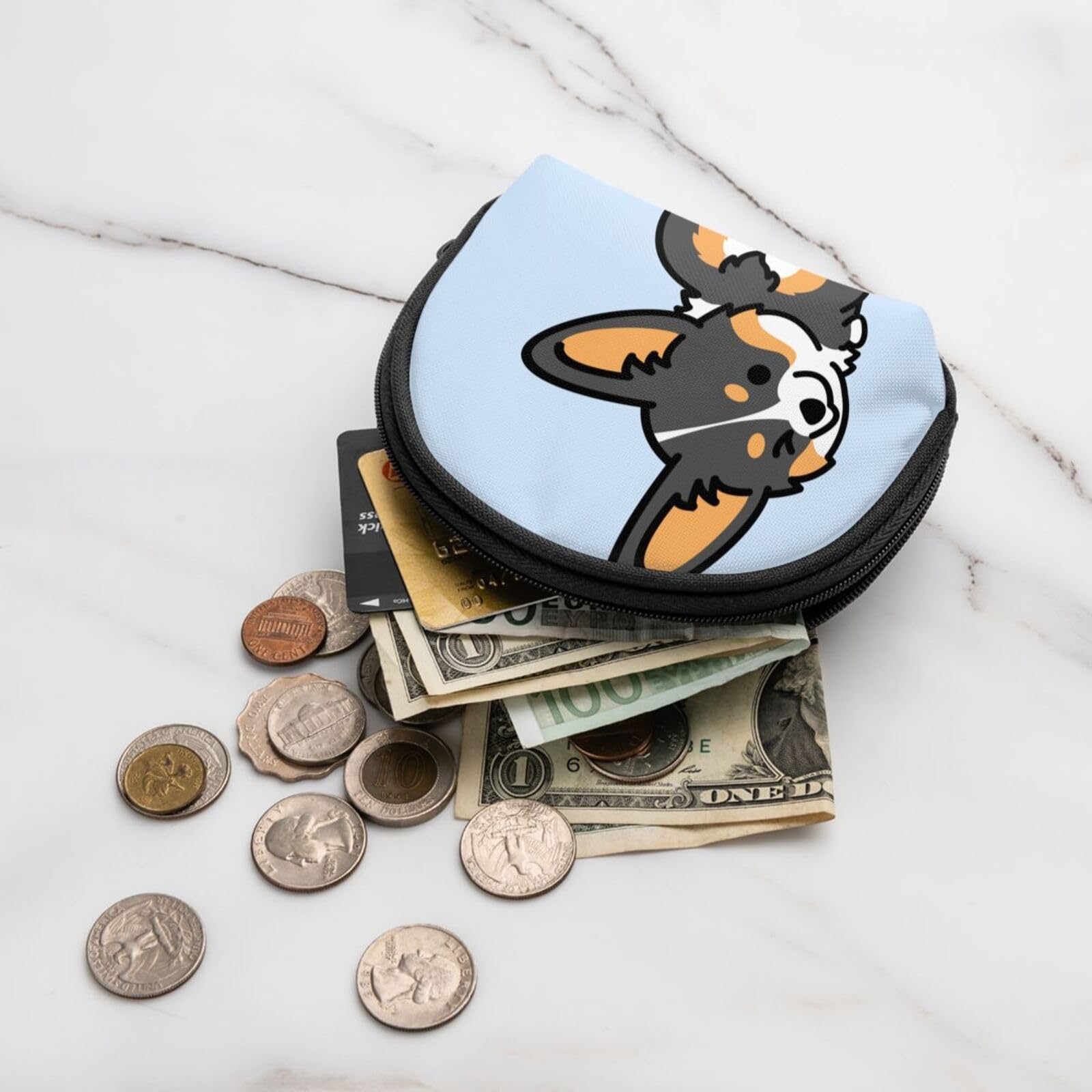 Neoprene Coin Purse - Waterproof Zippered Change Pouch for Passport, Cards & Cash | Lightweight Travel Wallet for Gym, Hiking & Daily Use | Cute Corgi Dog Design | Washable & Durable